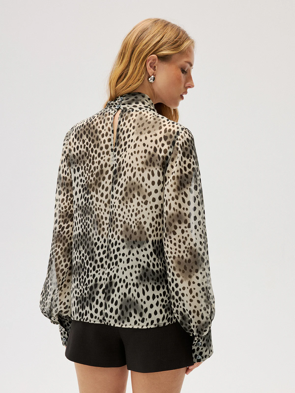Semi-Sheer Chiffon Leopard Print Tie Neck Shirt - Image 6