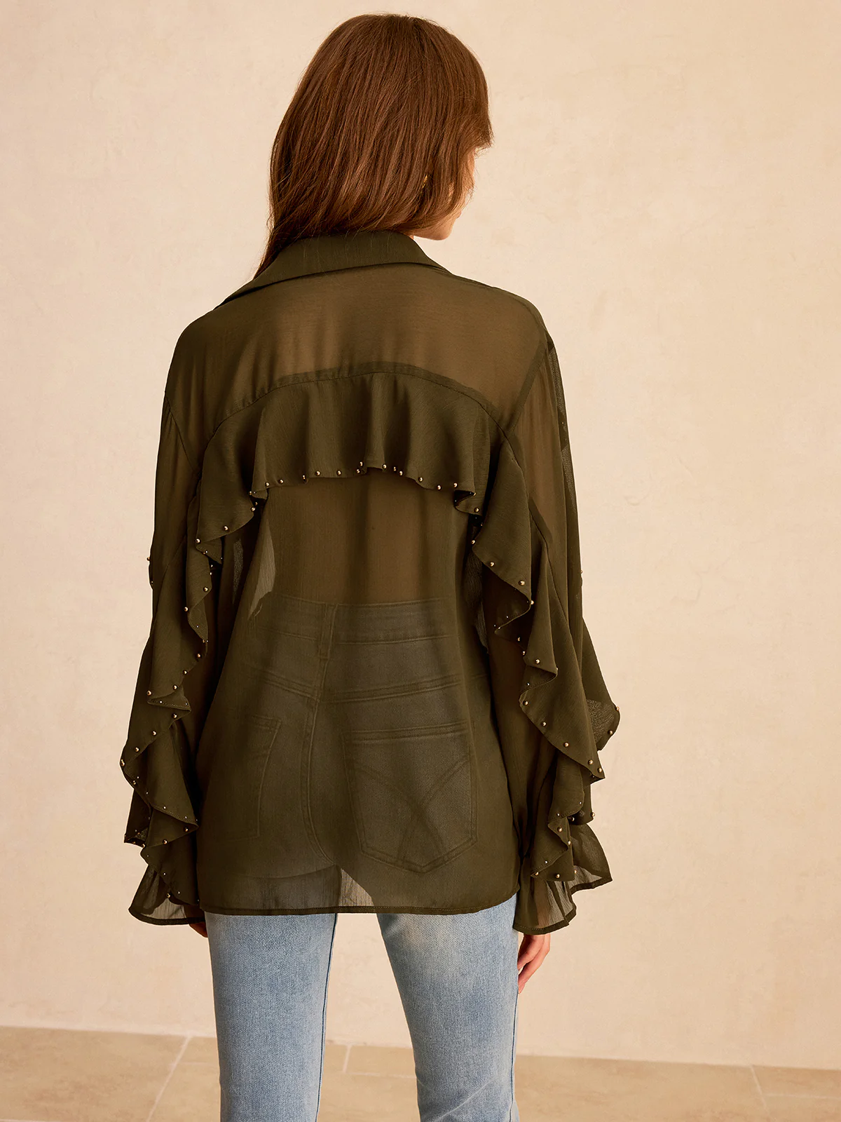 Semi-Sheer Chiffon Ruffle Shirt with Stud Embellishments - Image 4