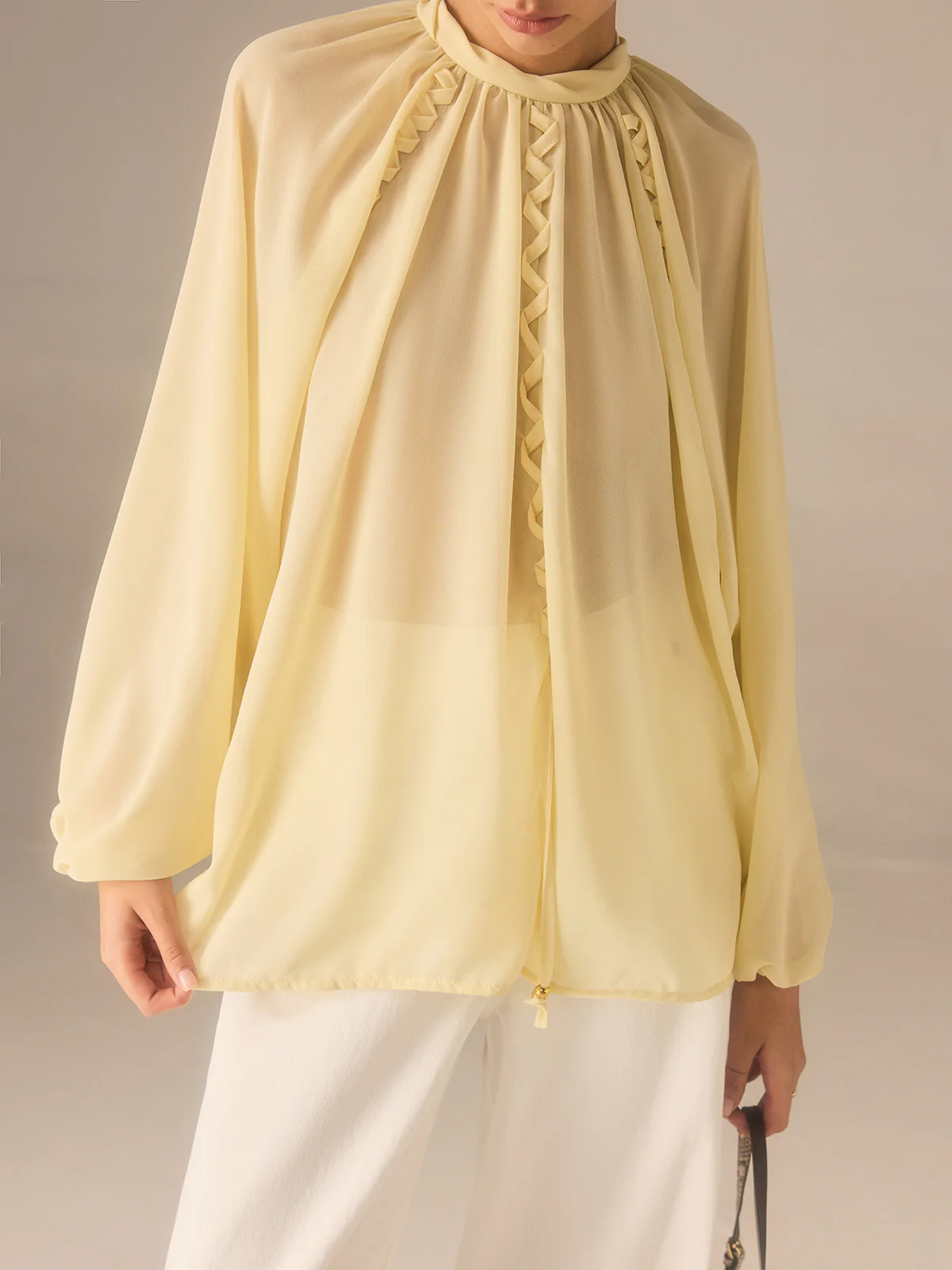 Semi-Sheer Chiffon Stand Collar Blouse with Braided Detail - Image 2