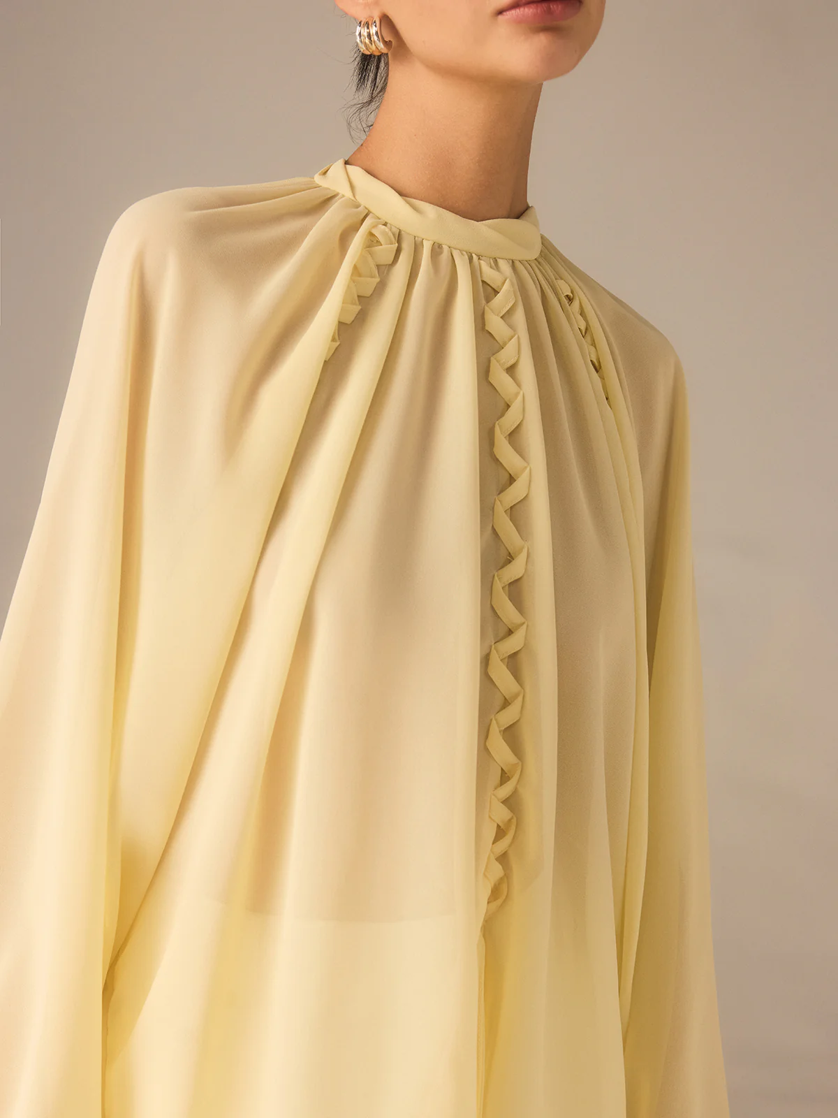 Semi-Sheer Chiffon Stand Collar Blouse with Braided Detail - Image 4