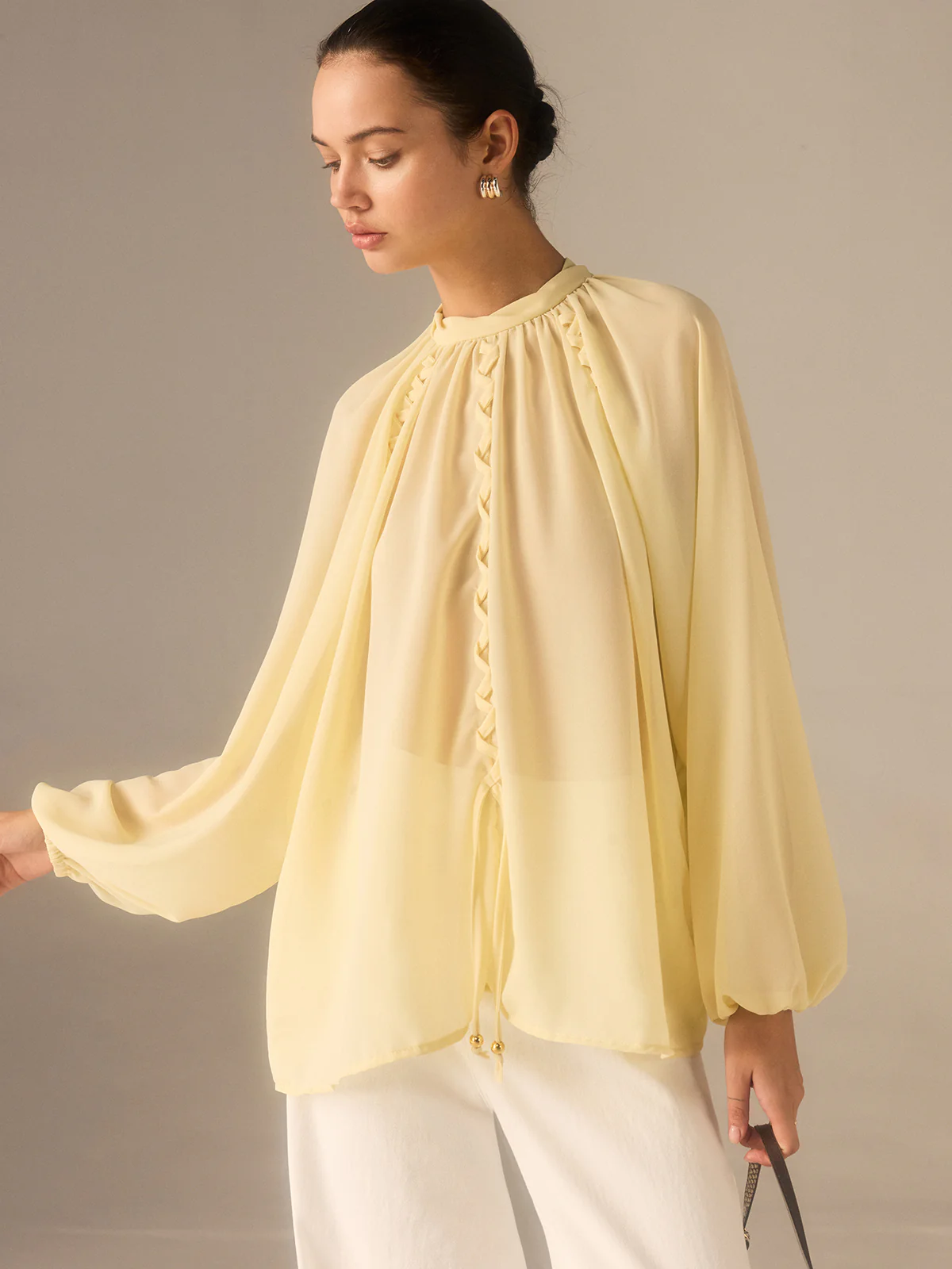 Semi-Sheer Chiffon Stand Collar Blouse with Braided Detail - Image 5