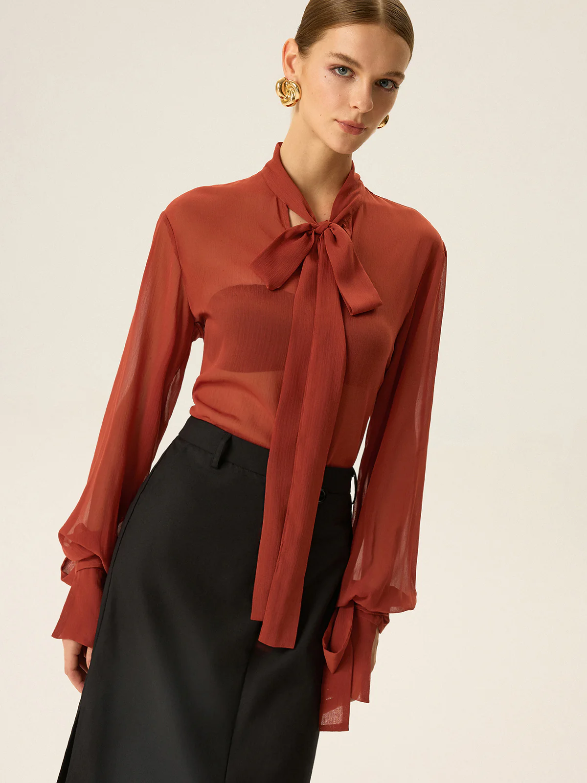 Semi-Sheer Chiffon Tie Neck Blouse - Image 2