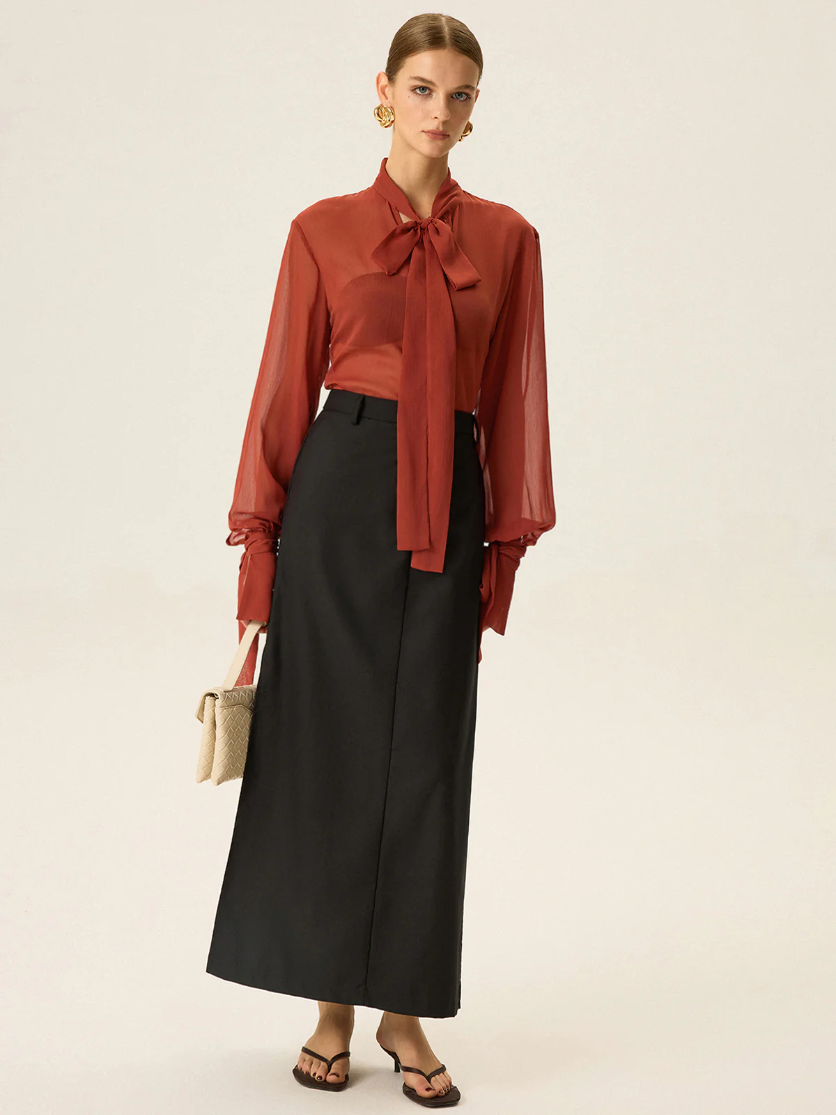 Semi-Sheer Chiffon Tie Neck Blouse - Image 3