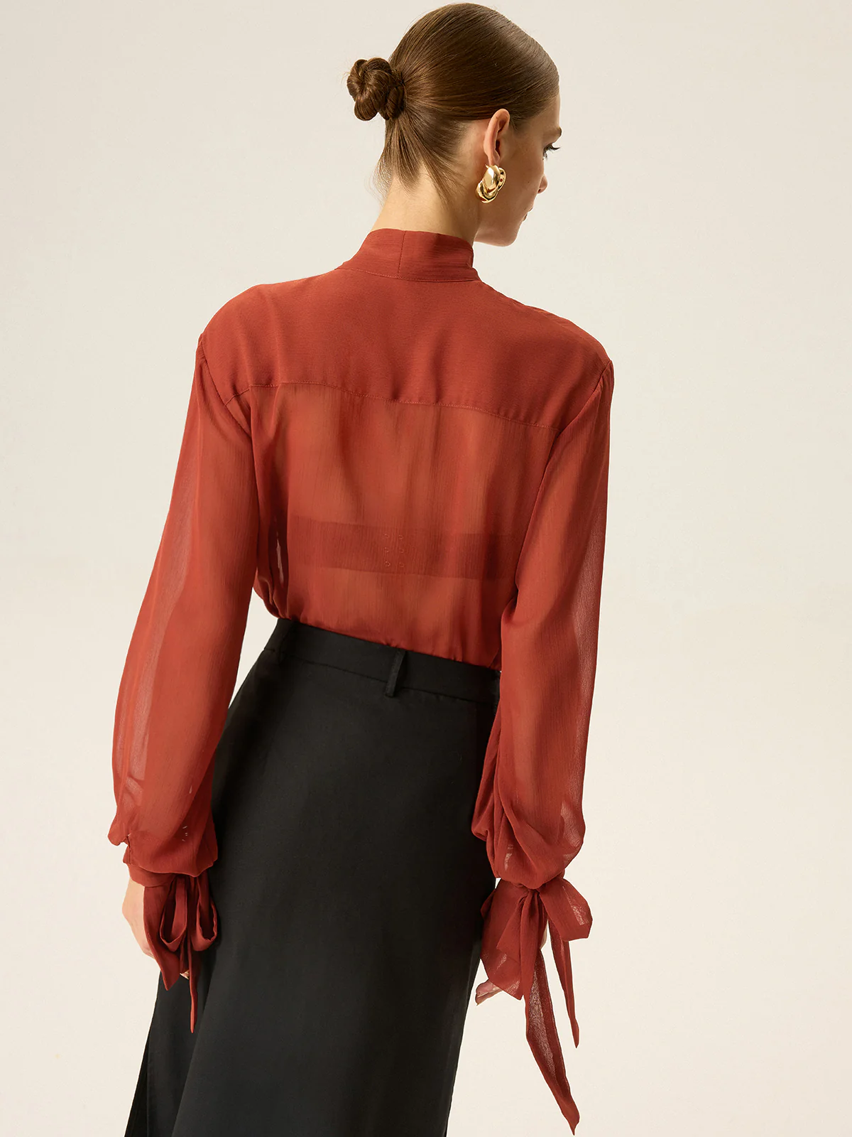 Semi-Sheer Chiffon Tie Neck Blouse - Image 6