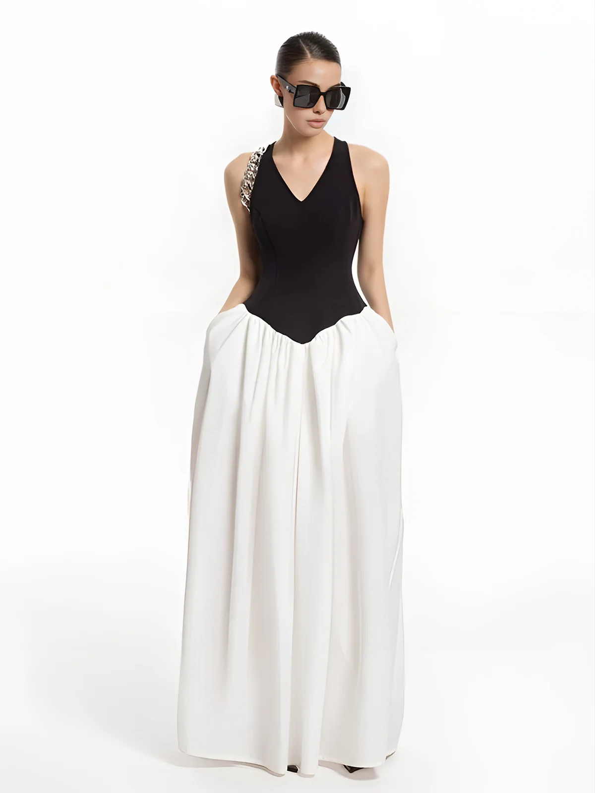 Semi-Sheer Color Block Panel Pockets Dress - Image 3