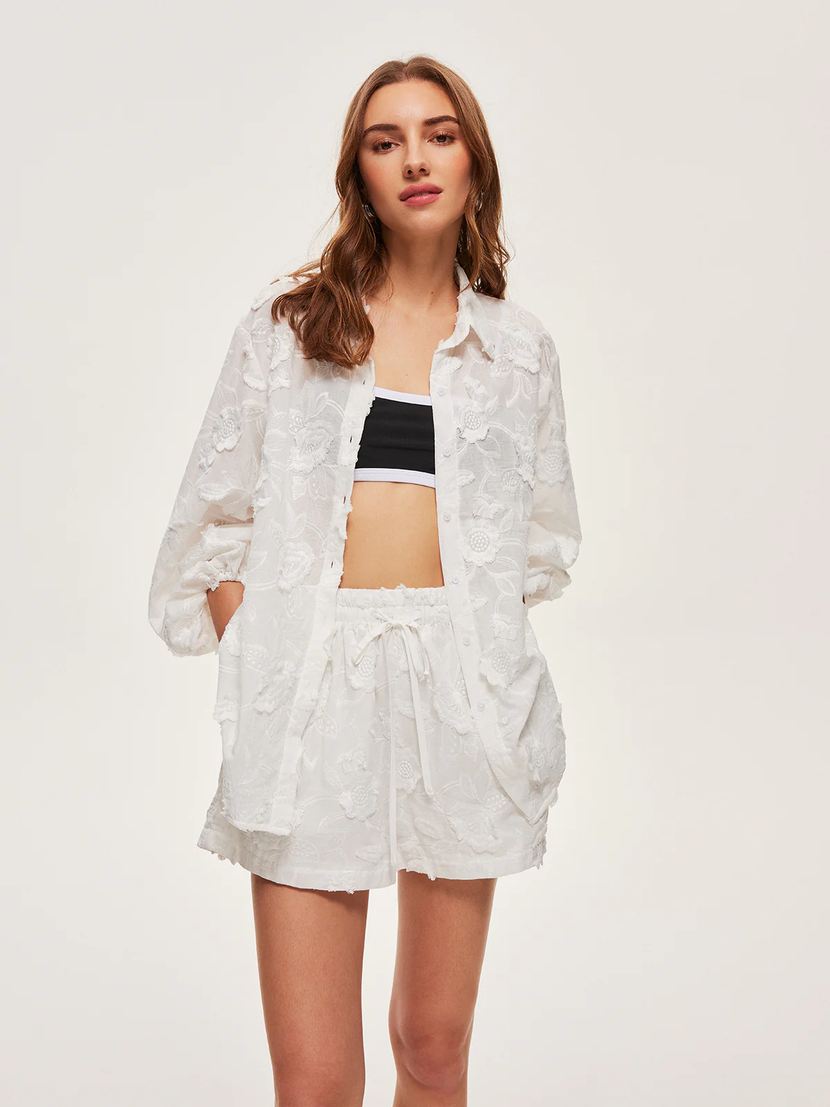 Semi-Sheer Cotton Embroidered Shirt With Shorts Set - Image 6