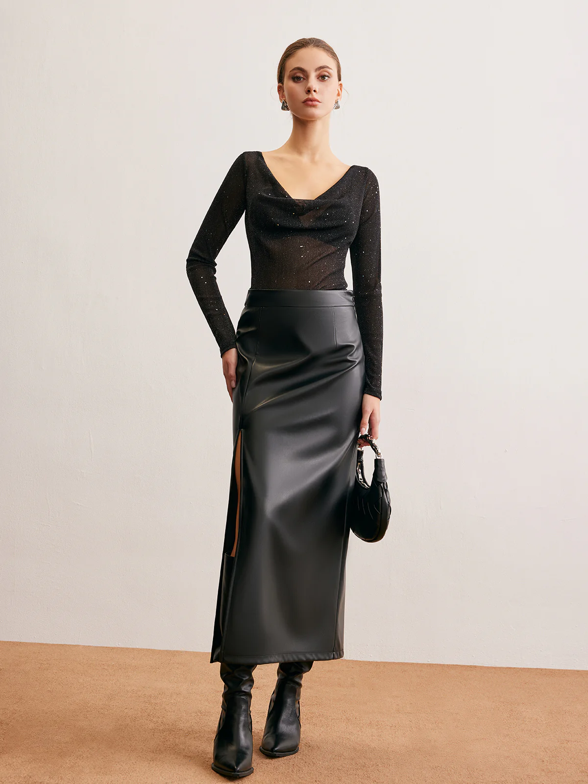 Semi-Sheer Cowl Neck Sequins Thin Blouse - Image 2