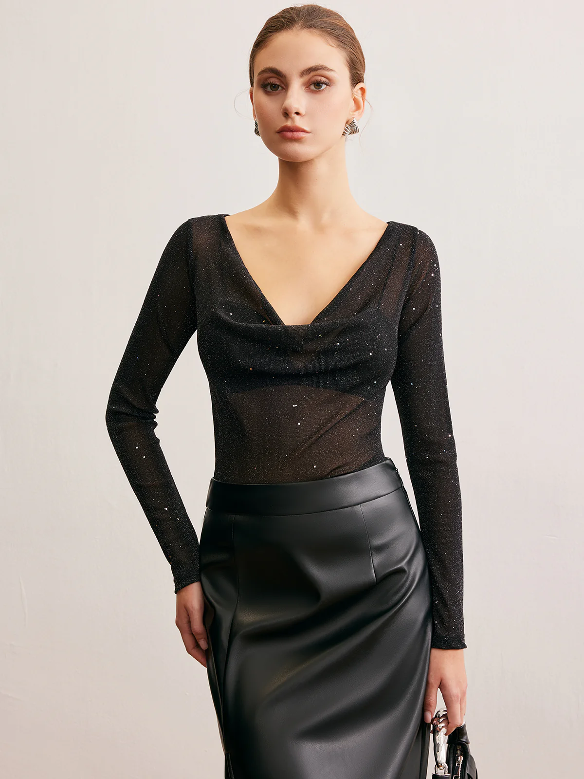 Semi-Sheer Cowl Neck Sequins Thin Blouse - Image 5