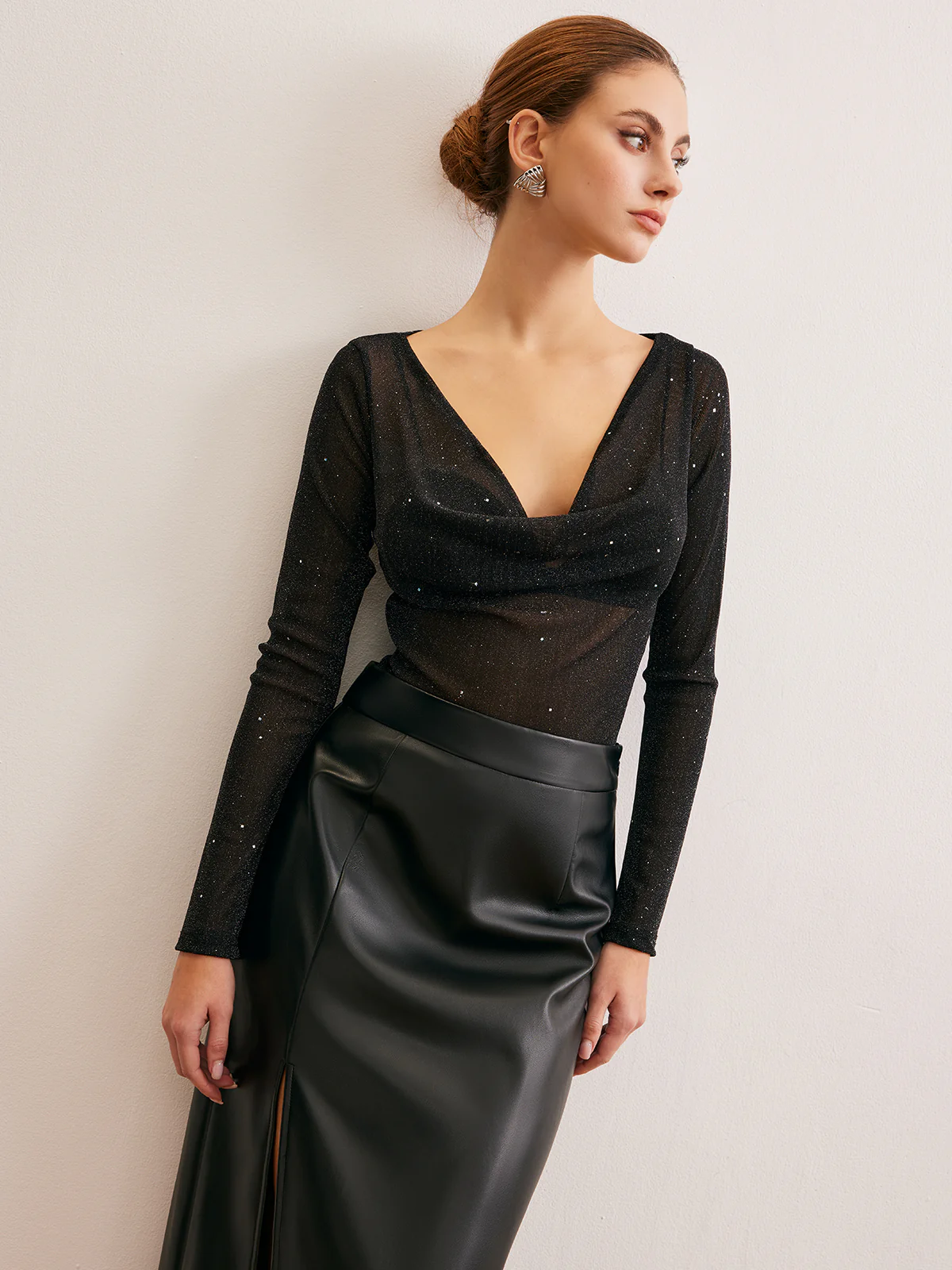 Semi-Sheer Cowl Neck Sequins Thin Blouse - Image 6