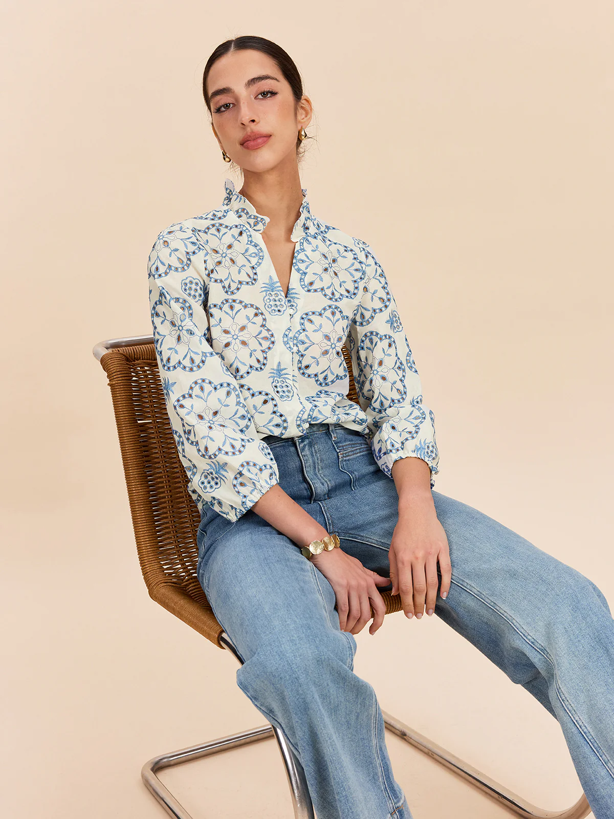Semi-Sheer Embroidered Button-Down Shirt - Image 2