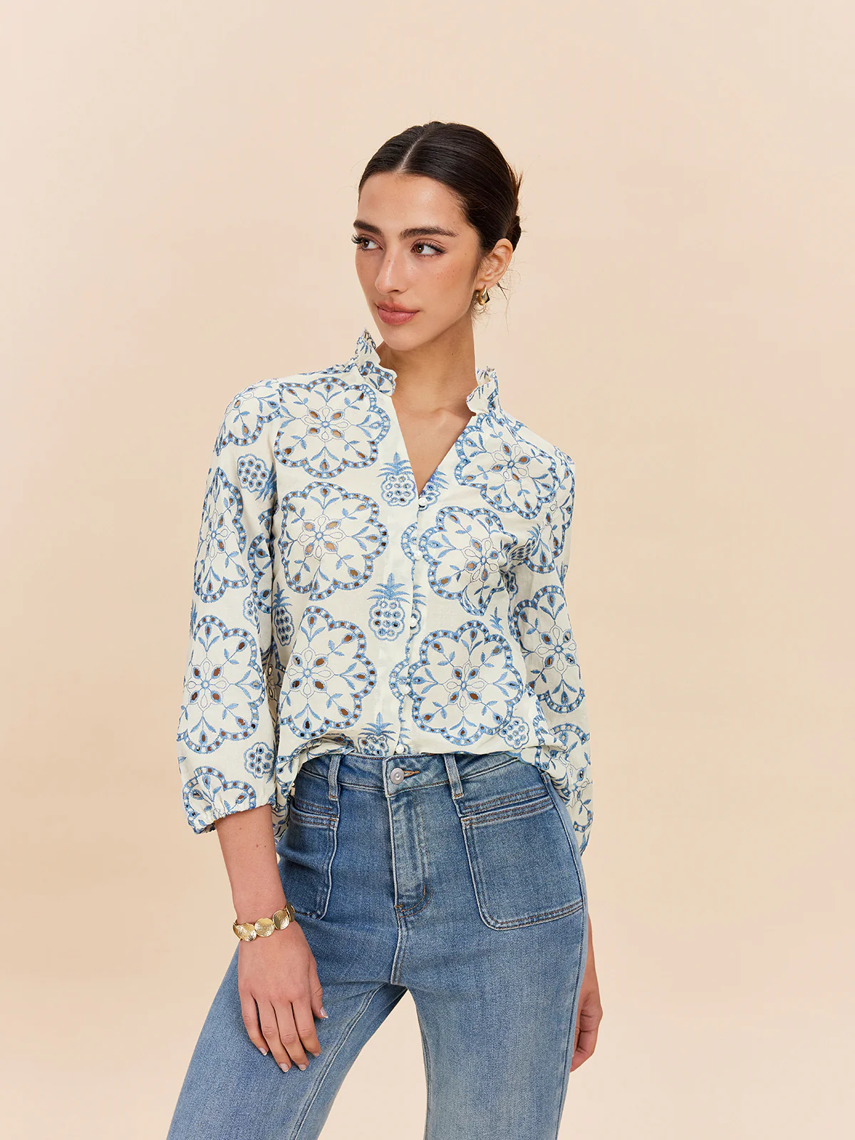 Semi-Sheer Embroidered Button-Down Shirt - Image 6