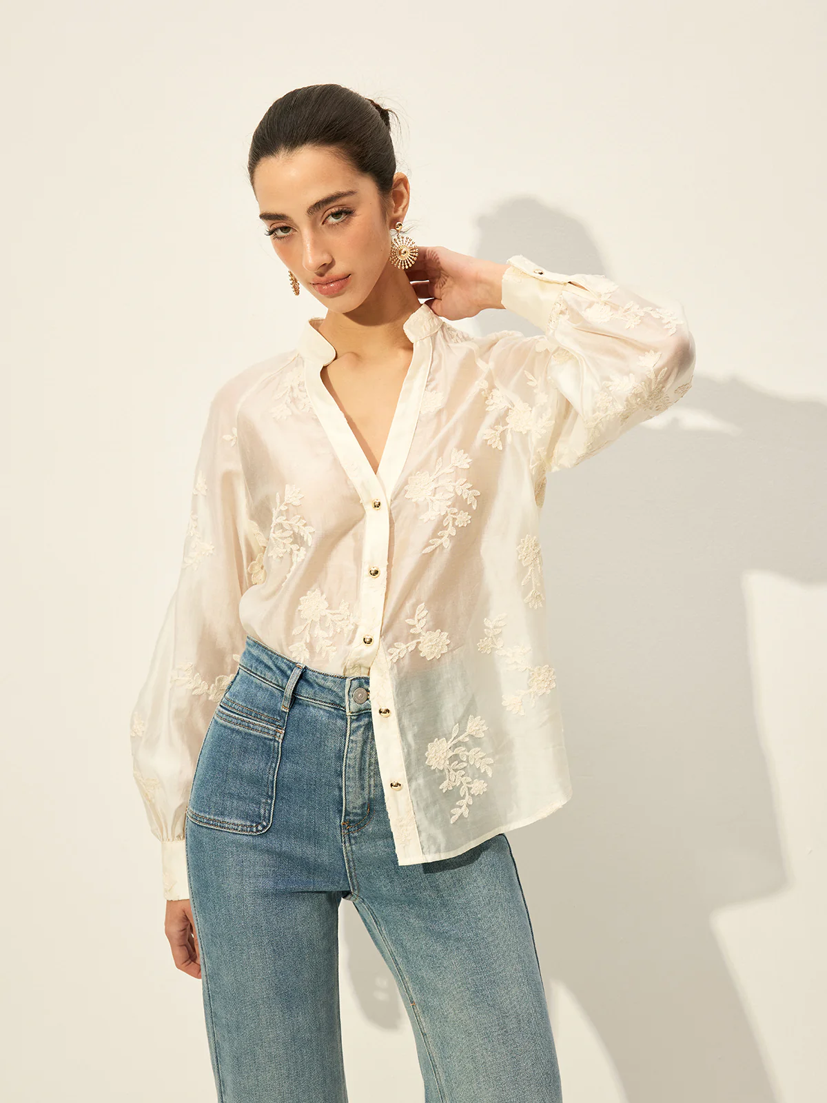 Semi-Sheer Embroidered Button-Front Blouse