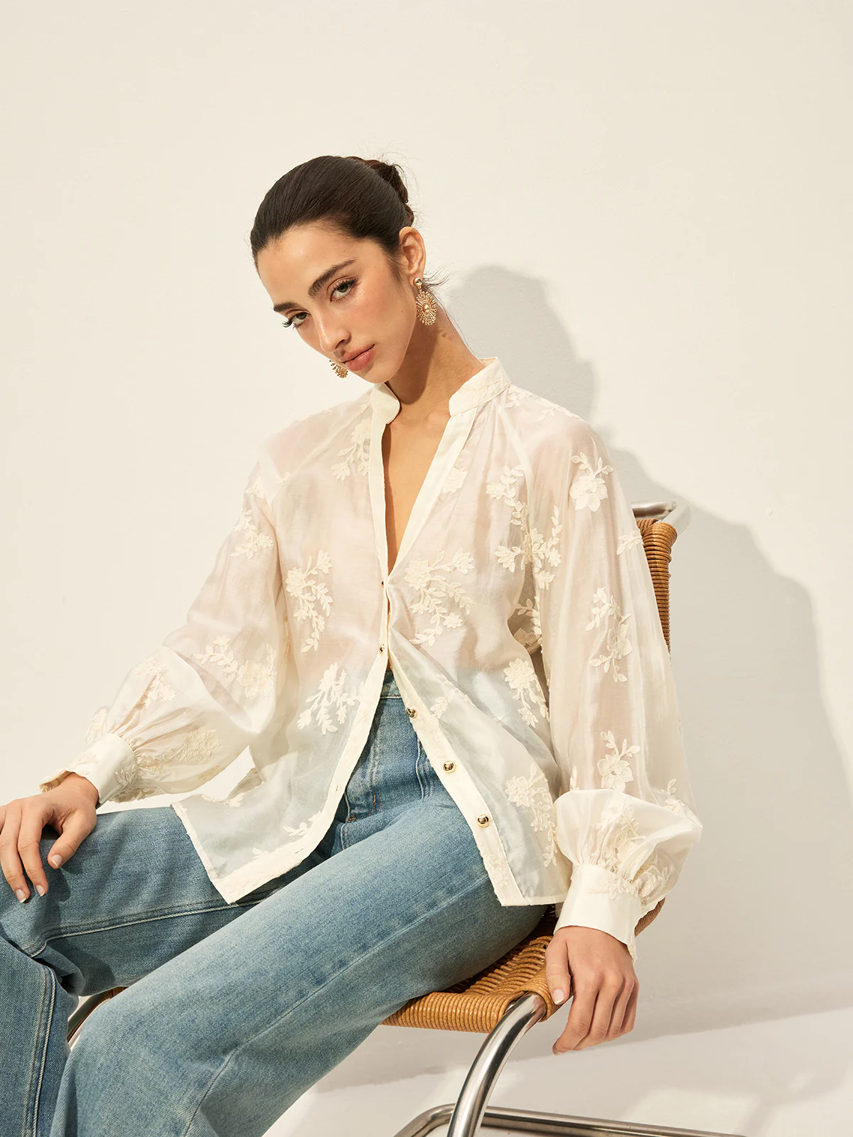 Semi-Sheer Embroidered Button-Front Blouse - Image 2