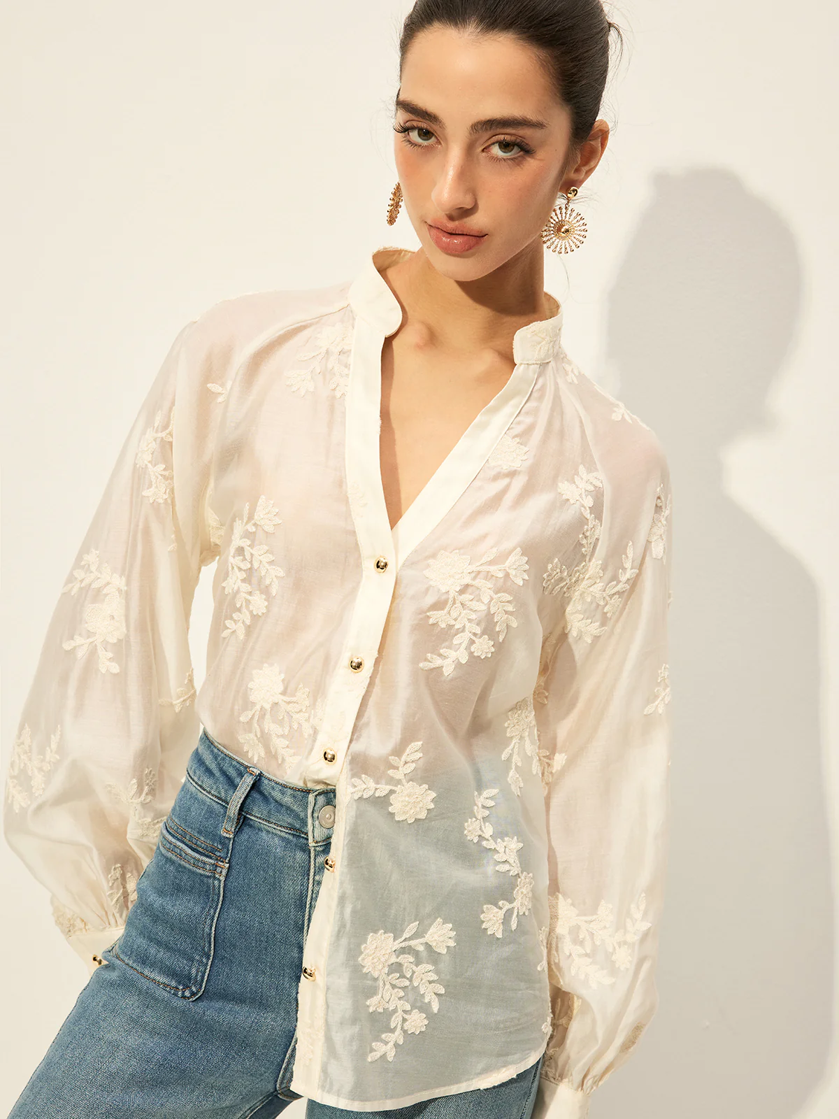 Semi-Sheer Embroidered Button-Front Blouse - Image 3
