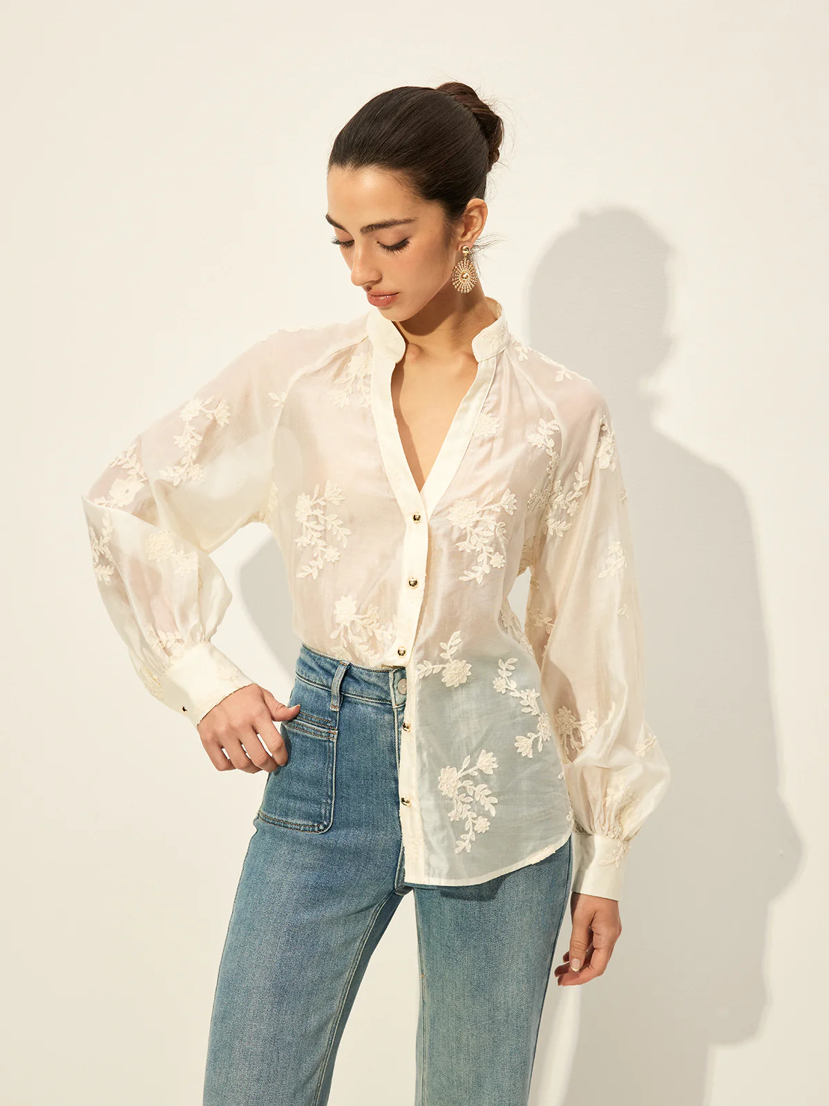 Semi-Sheer Embroidered Button-Front Blouse - Image 4