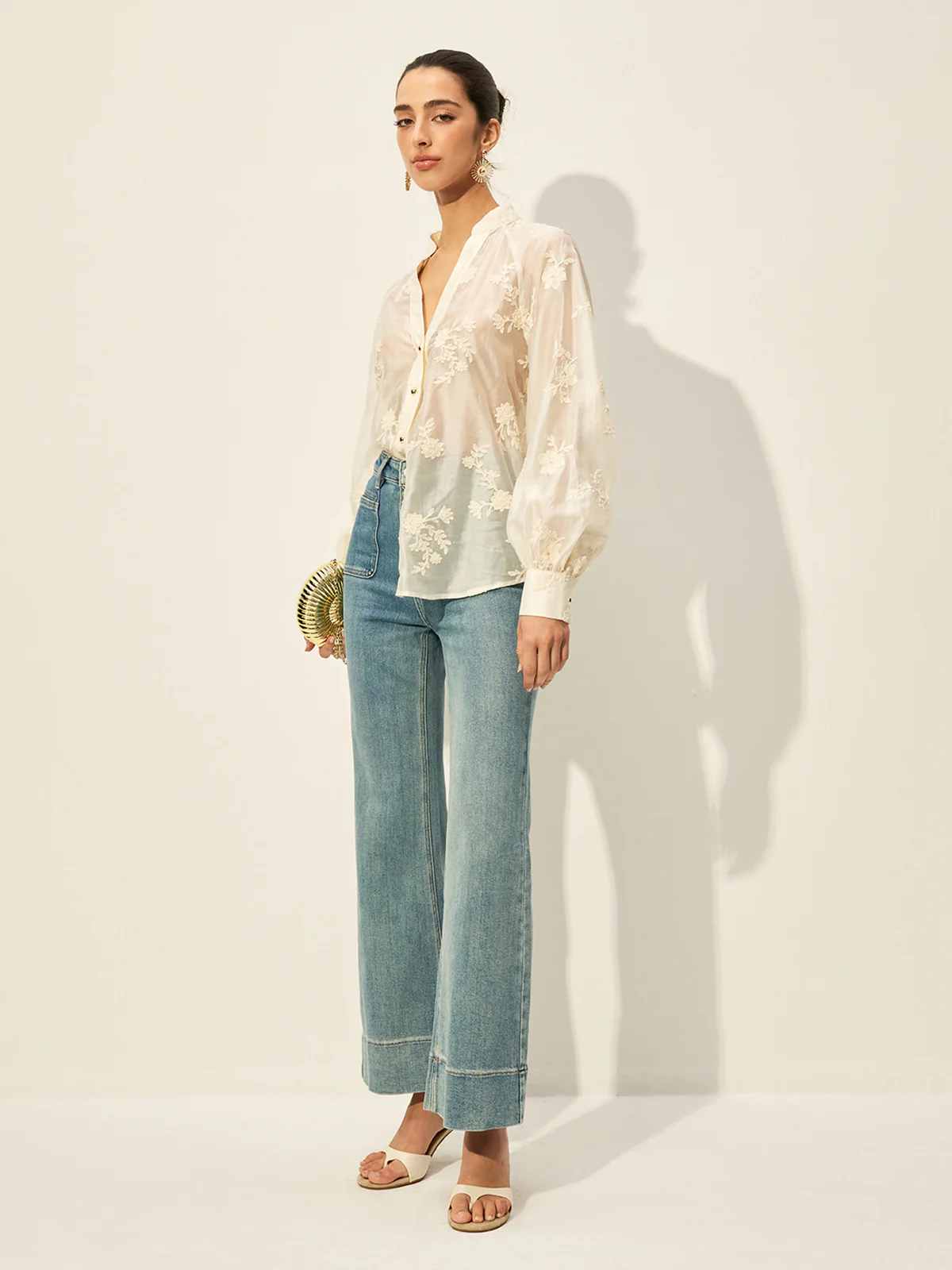 Semi-Sheer Embroidered Button-Front Blouse - Image 5