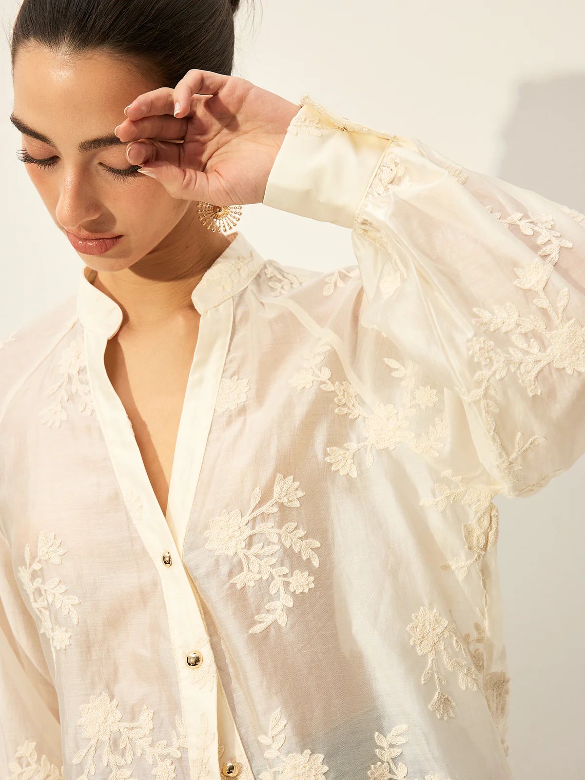 Semi-Sheer Embroidered Button-Front Blouse - Image 6