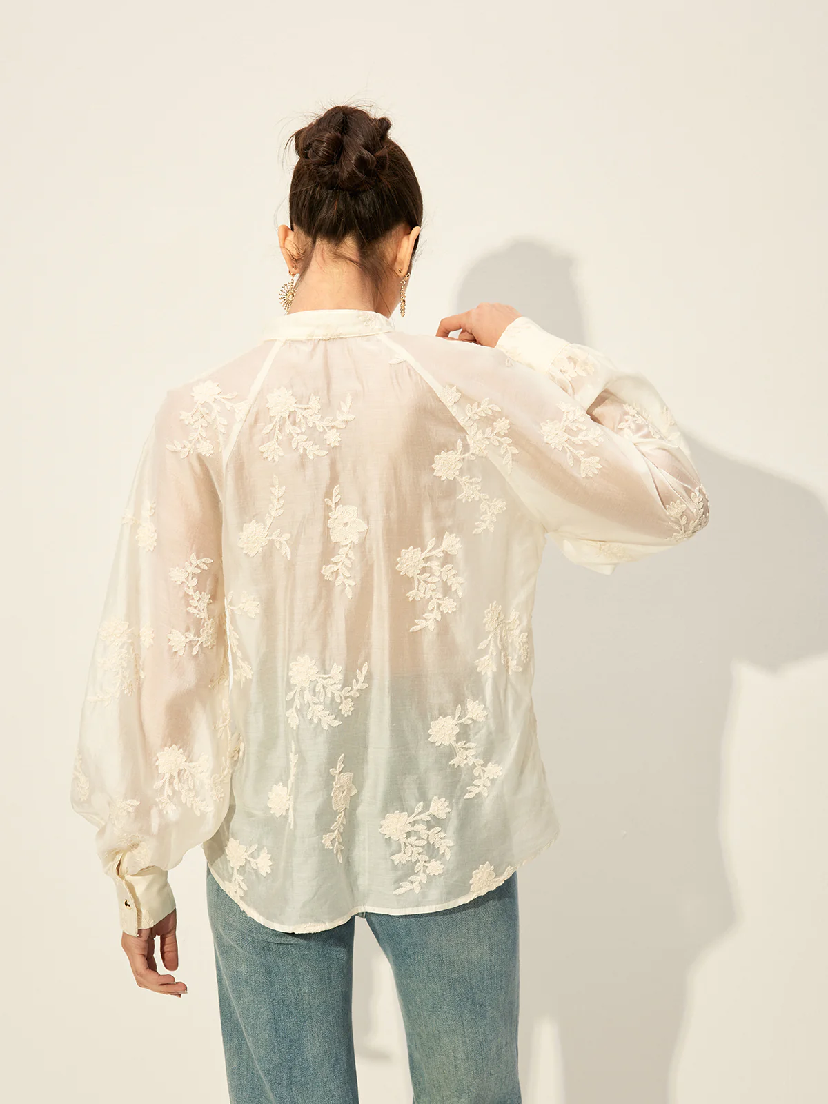 Semi-Sheer Embroidered Button-Front Blouse - Image 7