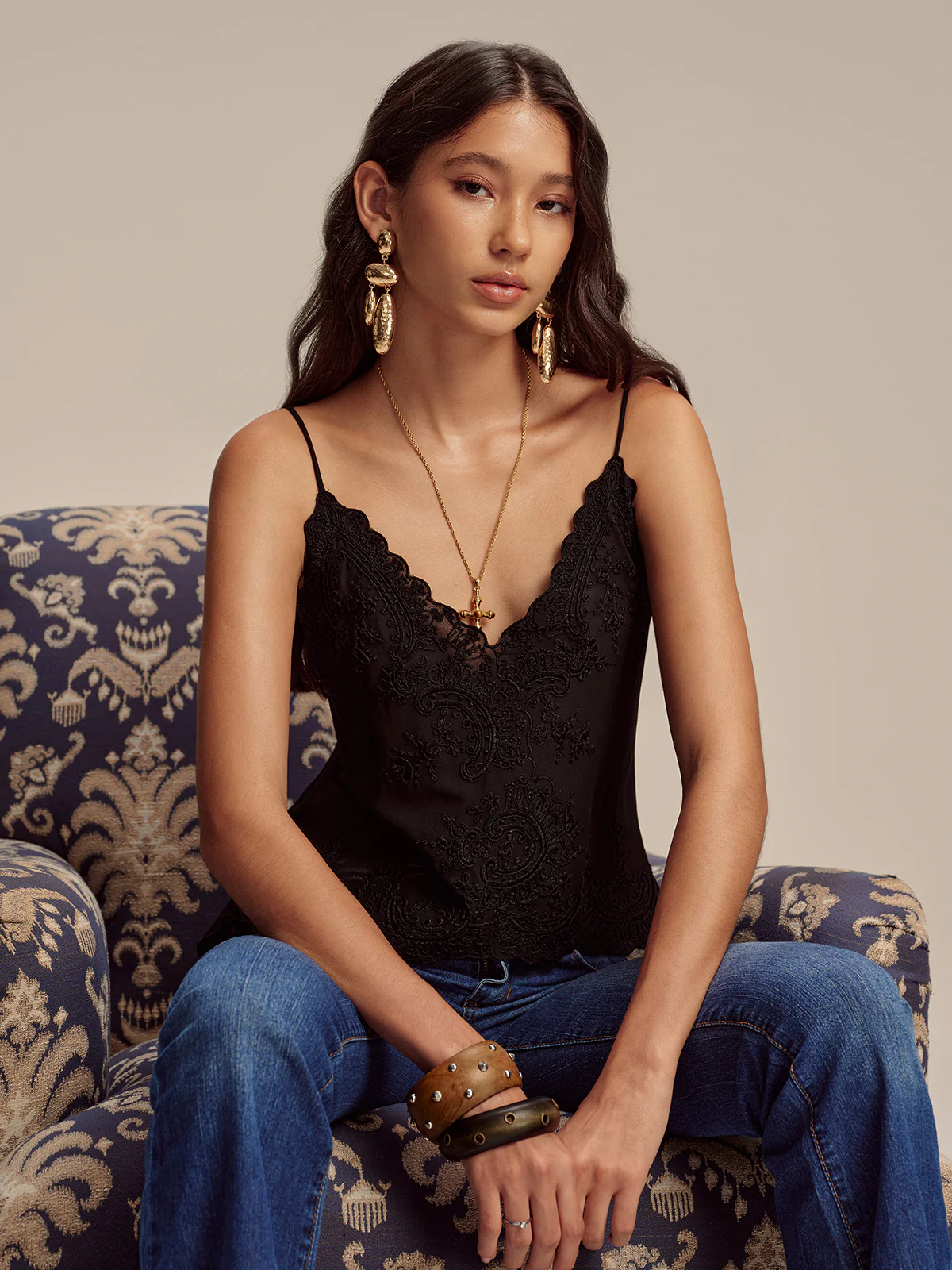 Semi-Sheer Embroidered Floral Chiffon Cami Top - Image 3