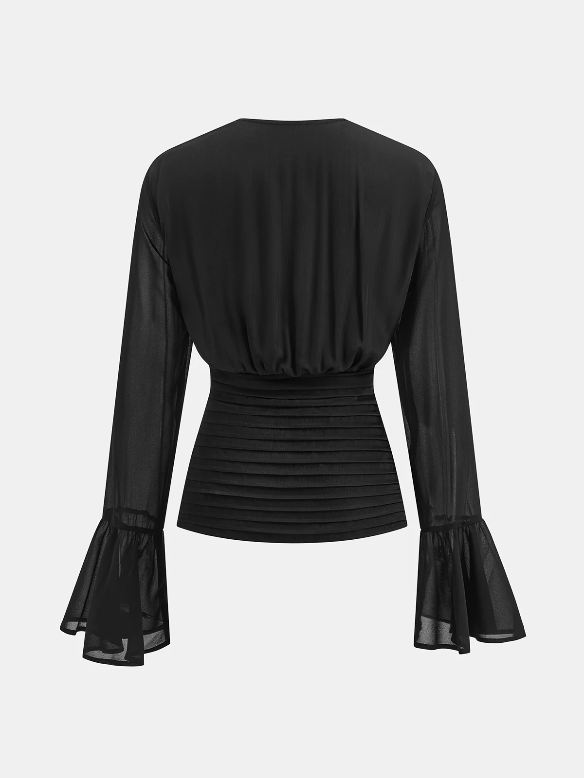 Semi-Sheer Flare Cuff Wrap Pleated Blouse - Image 2