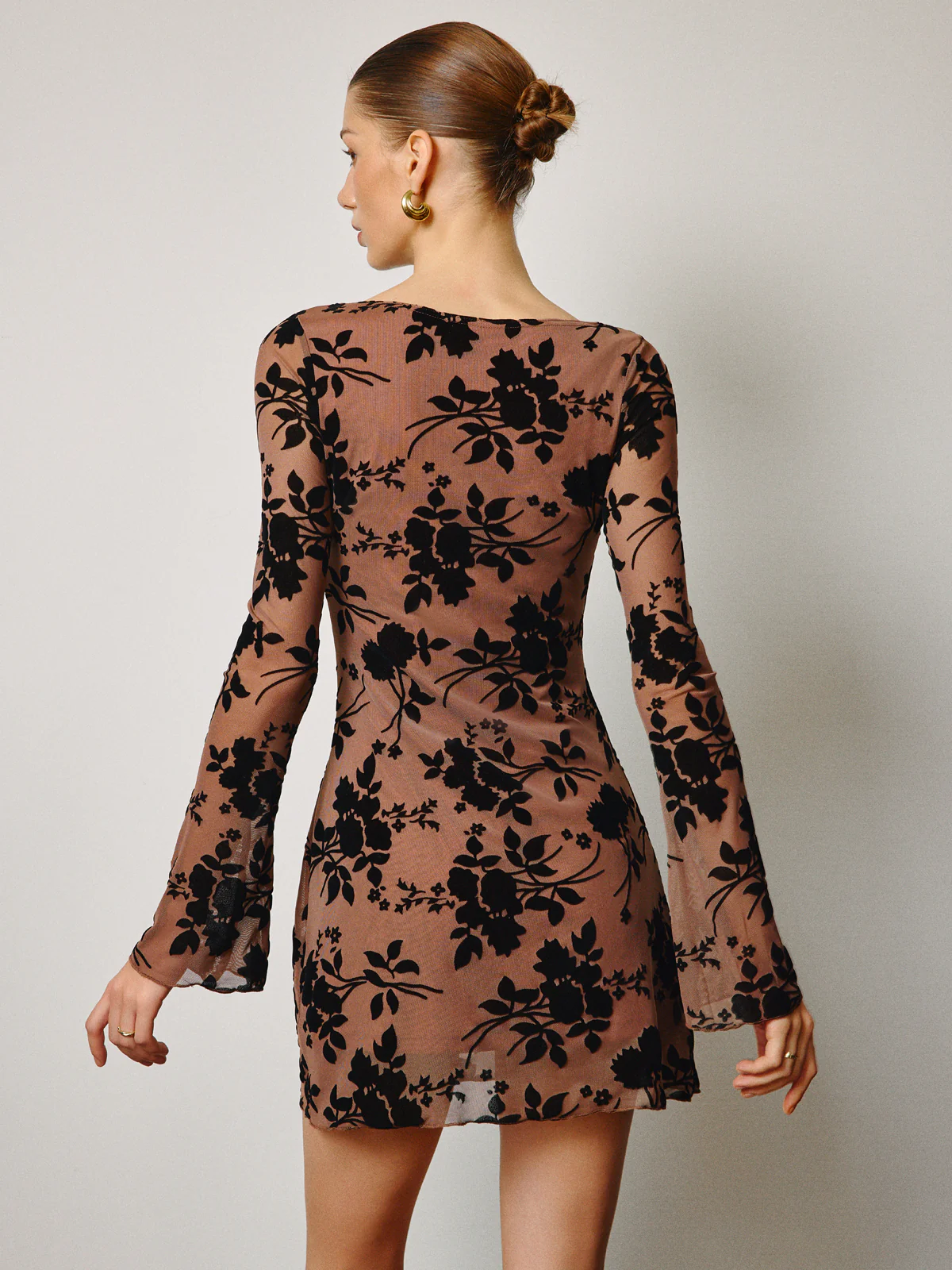Semi-Sheer Flocking Floral Short Dress - Image 7