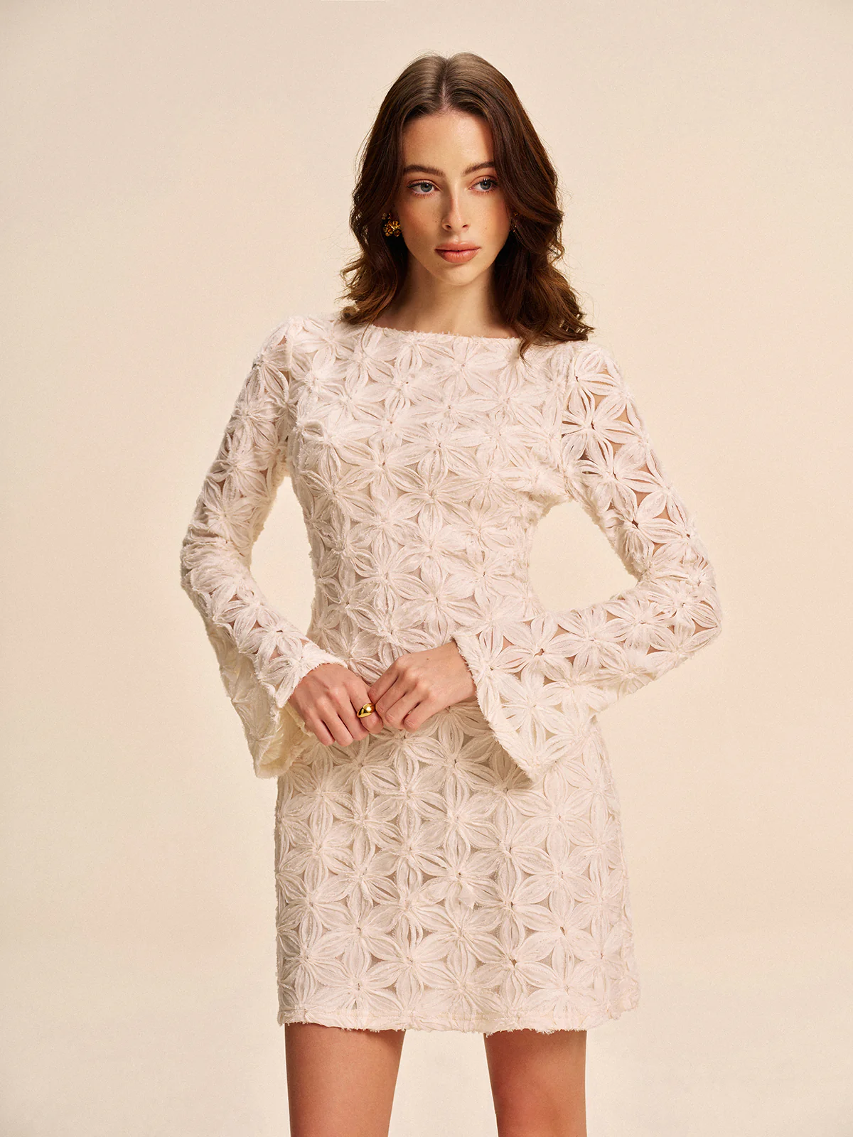 Semi-Sheer Floral Lace Long Sleeve Dress - Image 3
