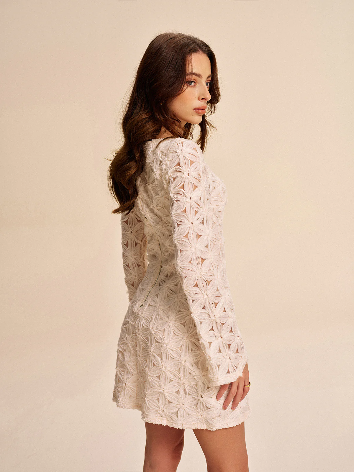 Semi-Sheer Floral Lace Long Sleeve Dress - Image 6