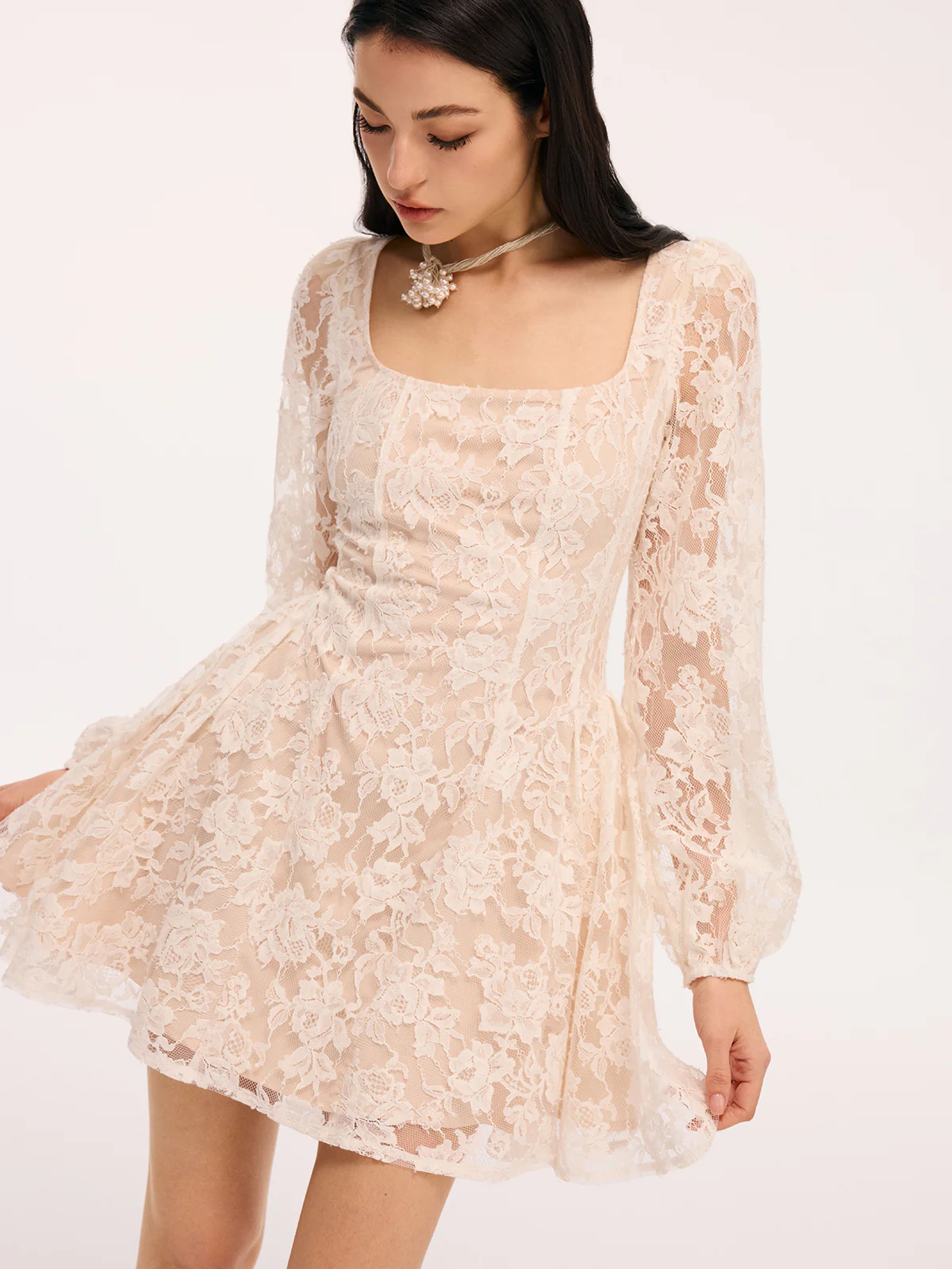 Semi-Sheer Floral Lace Square Neck Mini Dress - Image 2