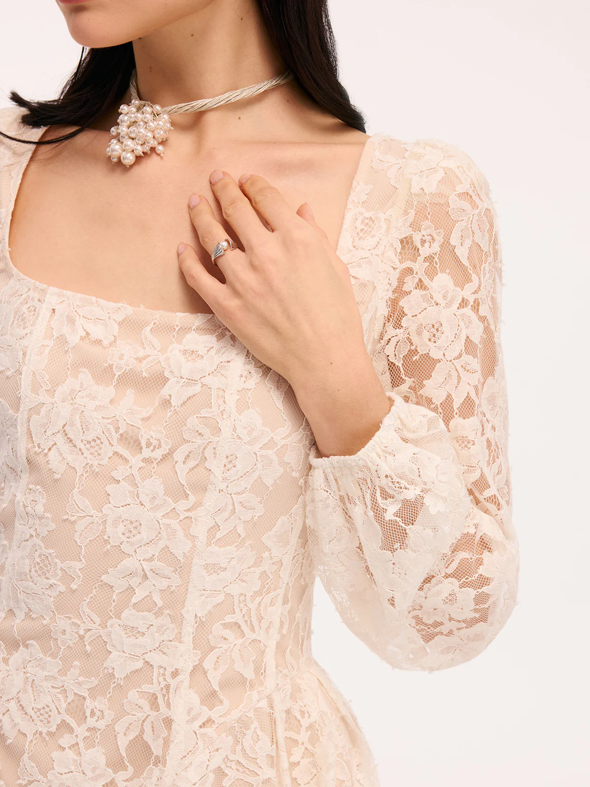 Semi-Sheer Floral Lace Square Neck Mini Dress - Image 4