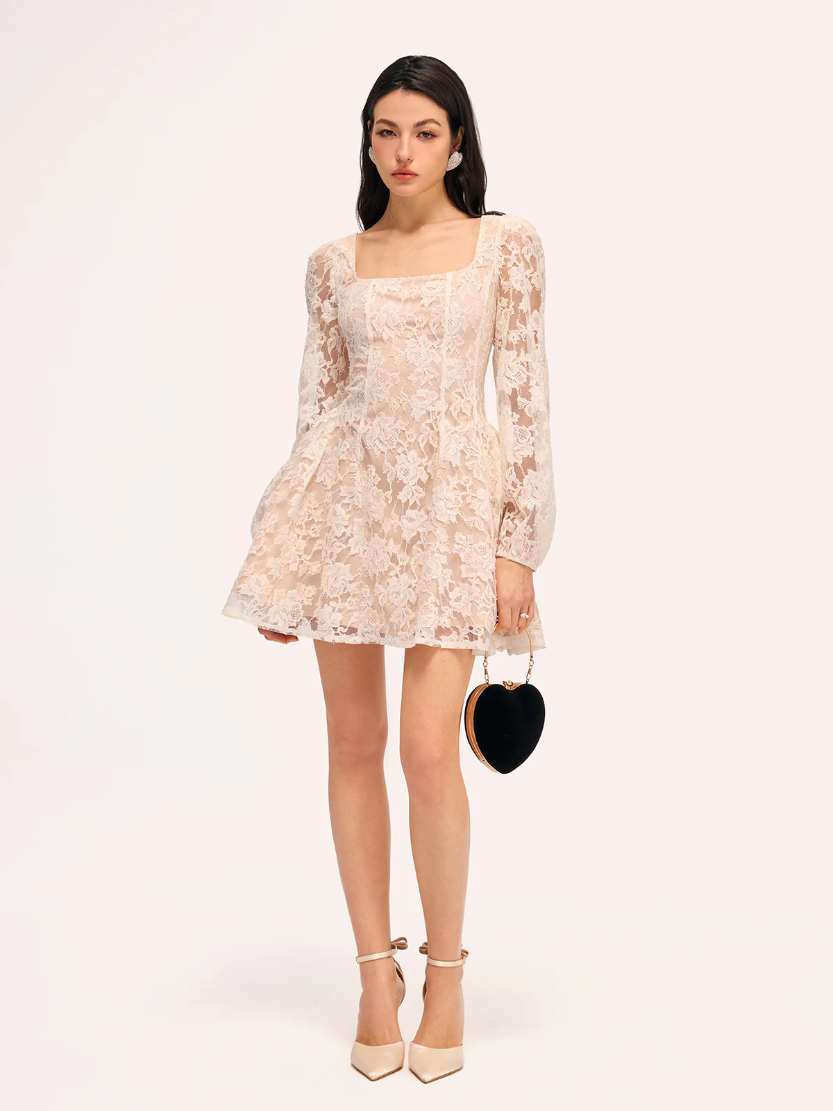Semi-Sheer Floral Lace Square Neck Mini Dress - Image 5