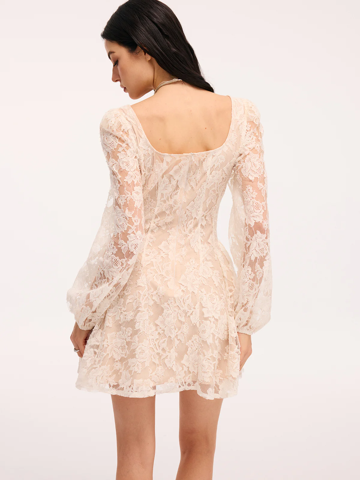 Semi-Sheer Floral Lace Square Neck Mini Dress - Image 6
