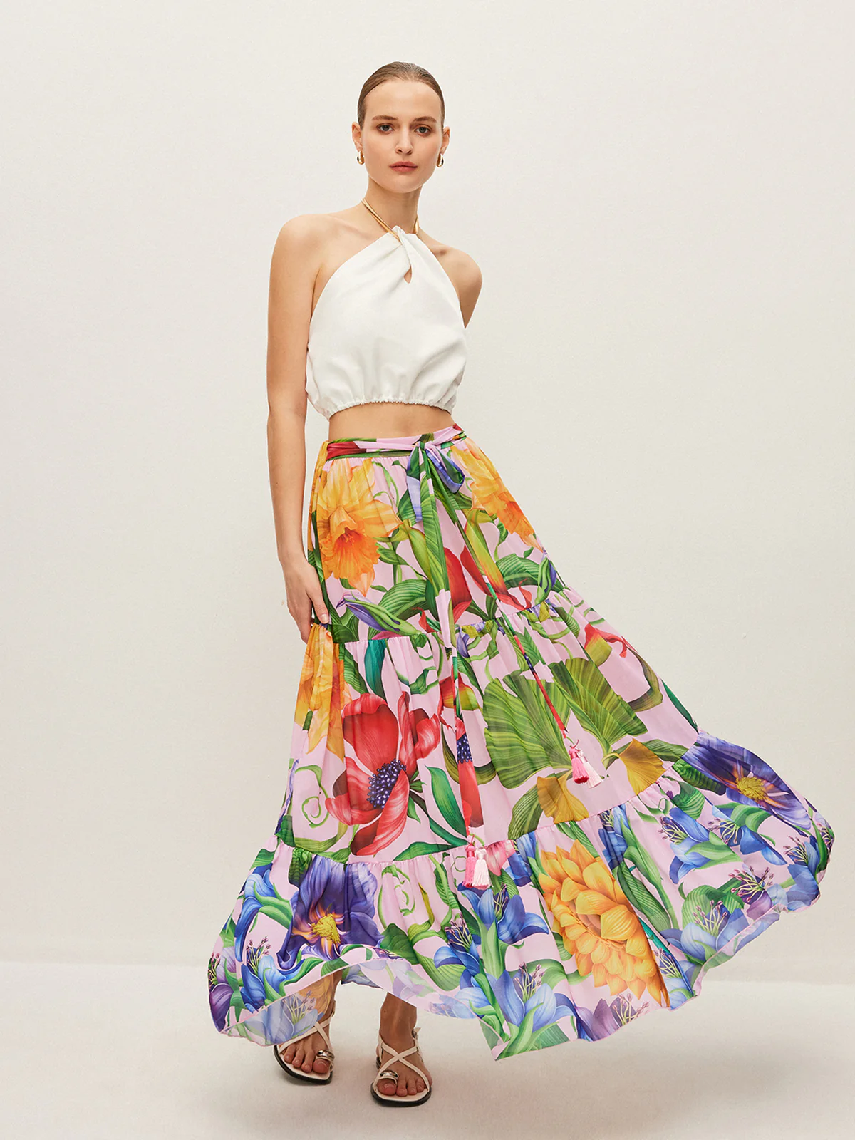 Semi-Sheer Floral Print Belted Chiffon Skirt - Image 2