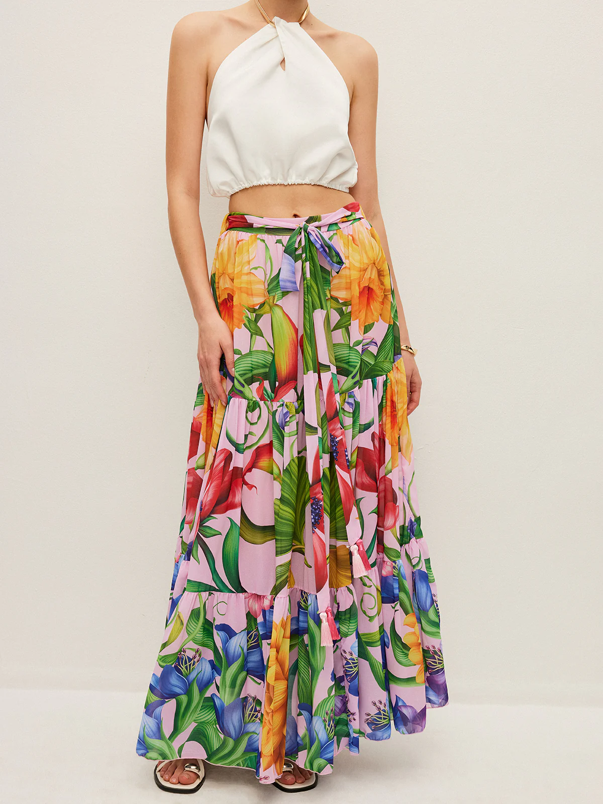 Semi-Sheer Floral Print Belted Chiffon Skirt - Image 4