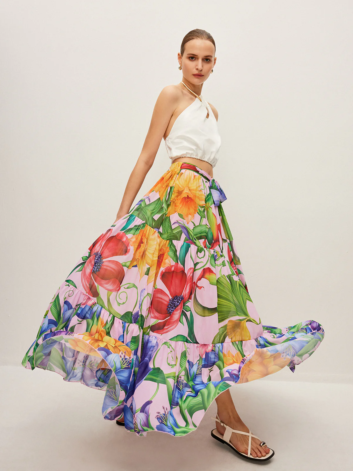 Semi-Sheer Floral Print Belted Chiffon Skirt - Image 5
