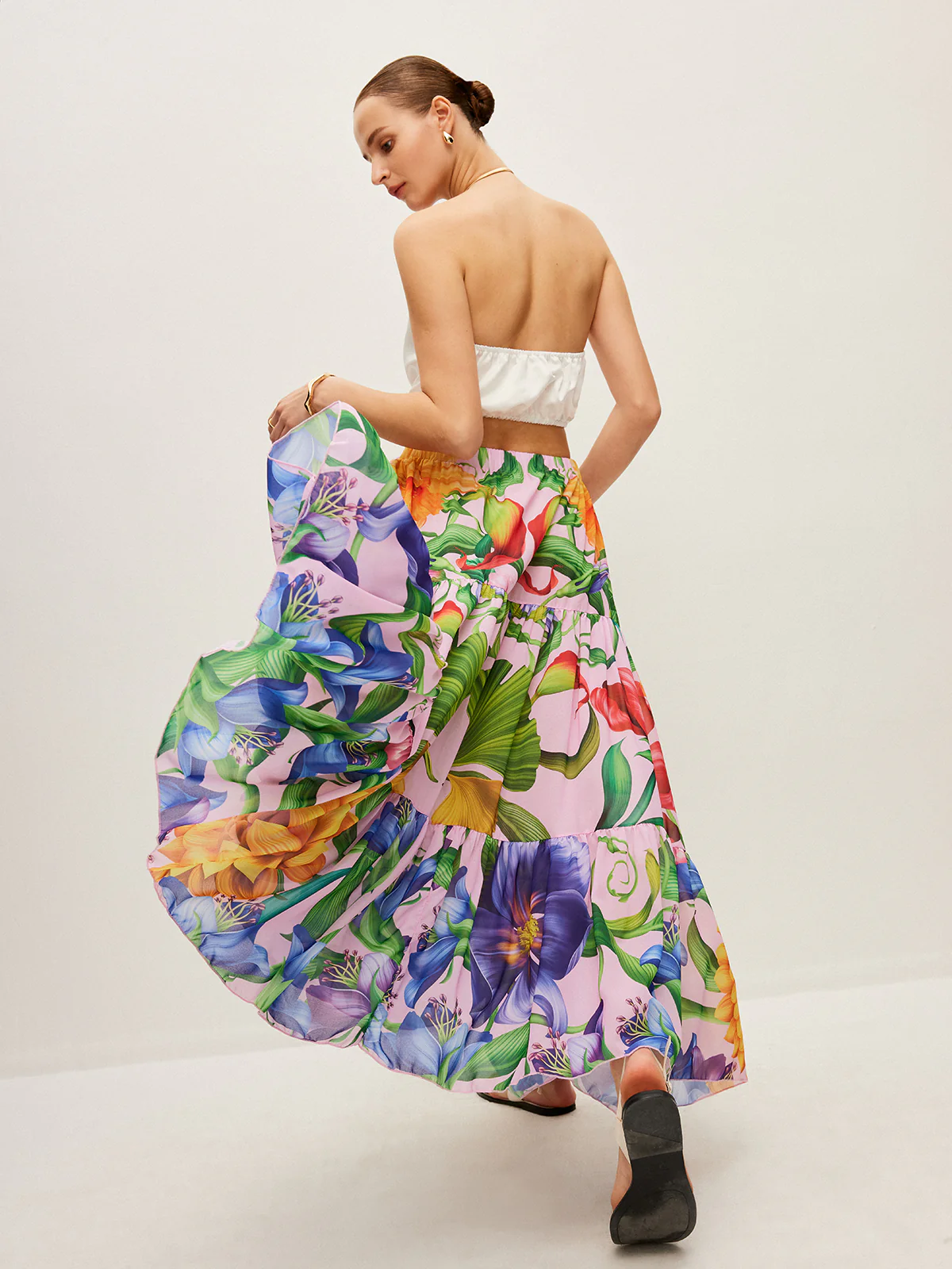 Semi-Sheer Floral Print Belted Chiffon Skirt - Image 7