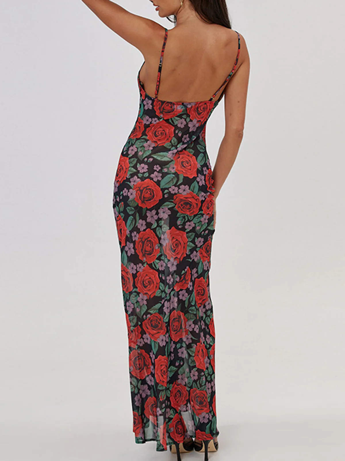 Semi-Sheer Floral Print Cami Long Dress - Image 5
