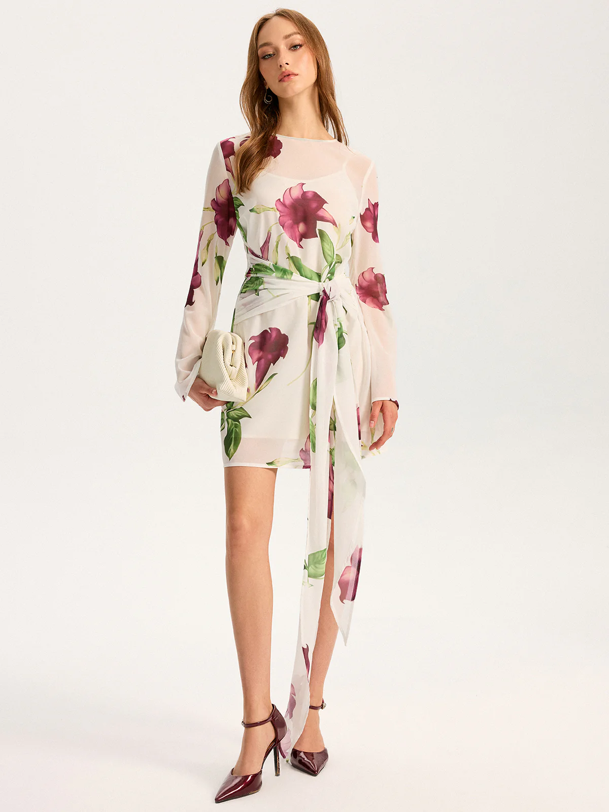 Semi-Sheer Floral Print Chiffon Mini Dress - Image 2