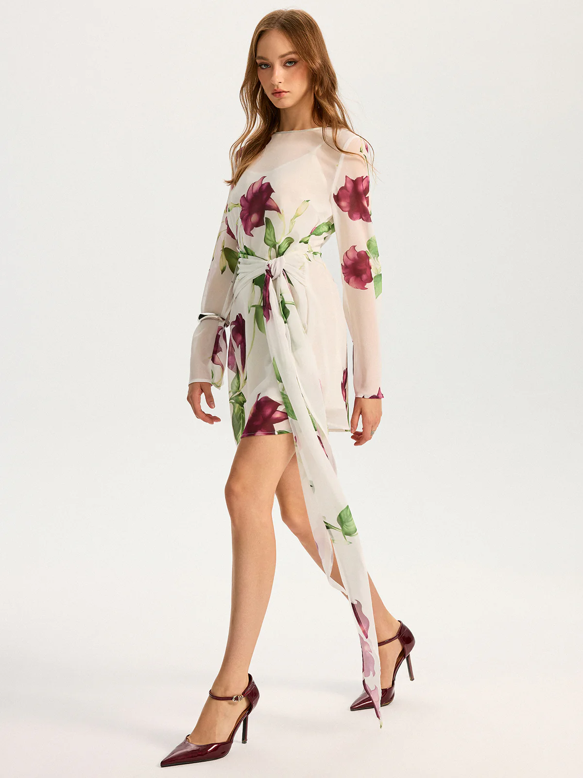 Semi-Sheer Floral Print Chiffon Mini Dress - Image 3