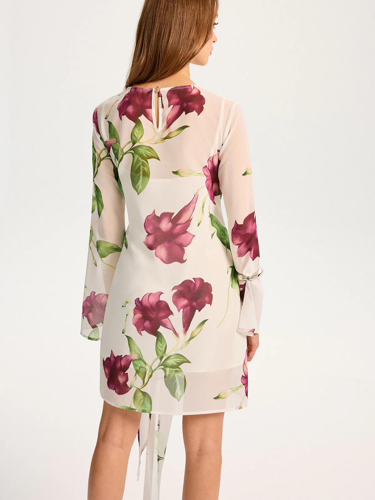 Semi-Sheer Floral Print Chiffon Mini Dress - Image 6
