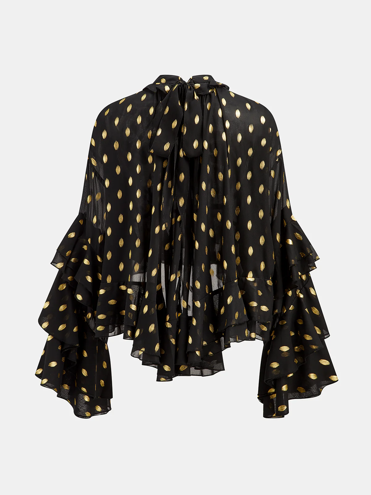 Semi-Sheer Foil Spot Print Ruffle Chiffon Blouse - Image 2