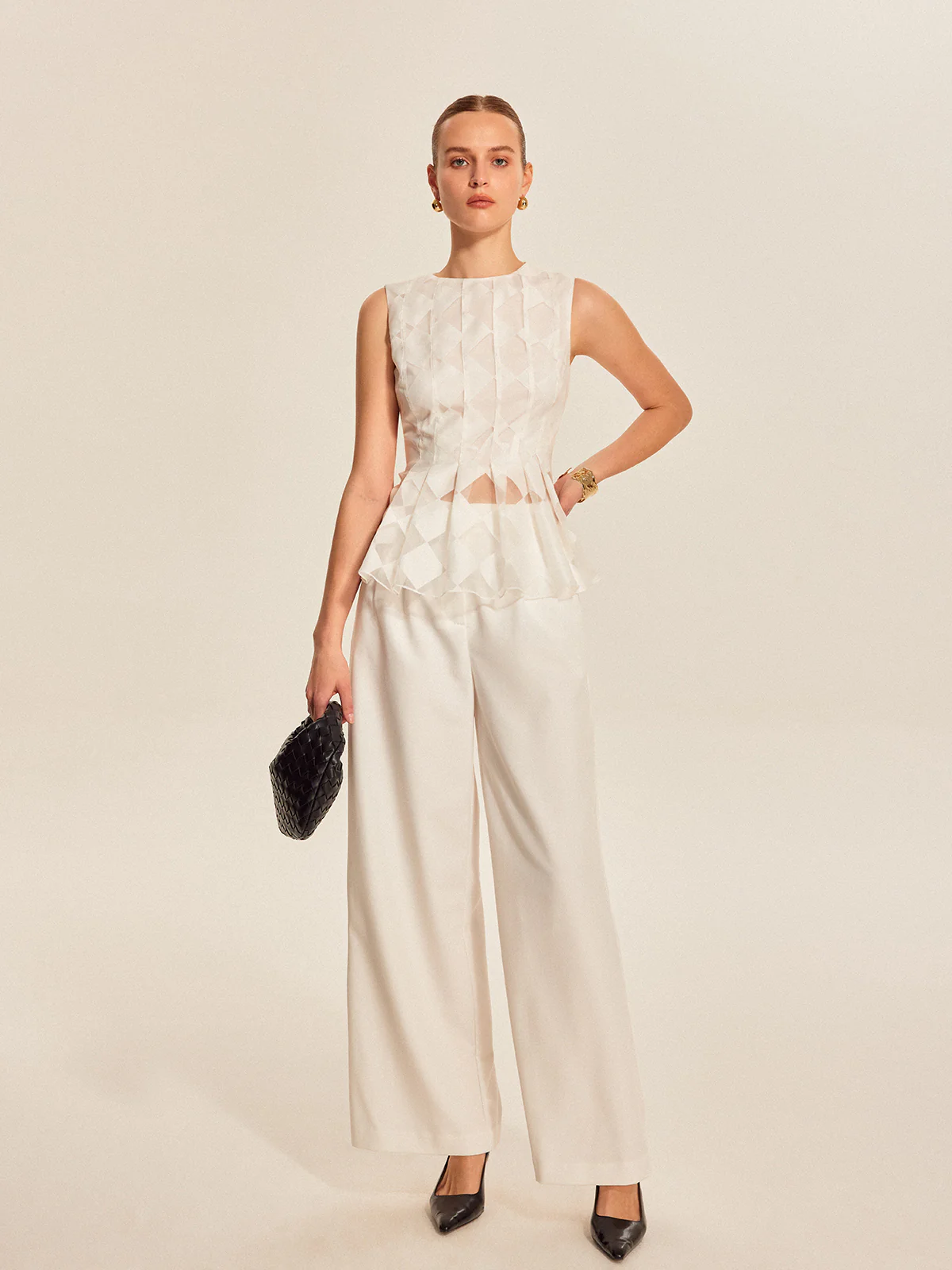 Semi-Sheer Geometric Peplum Top - Image 3