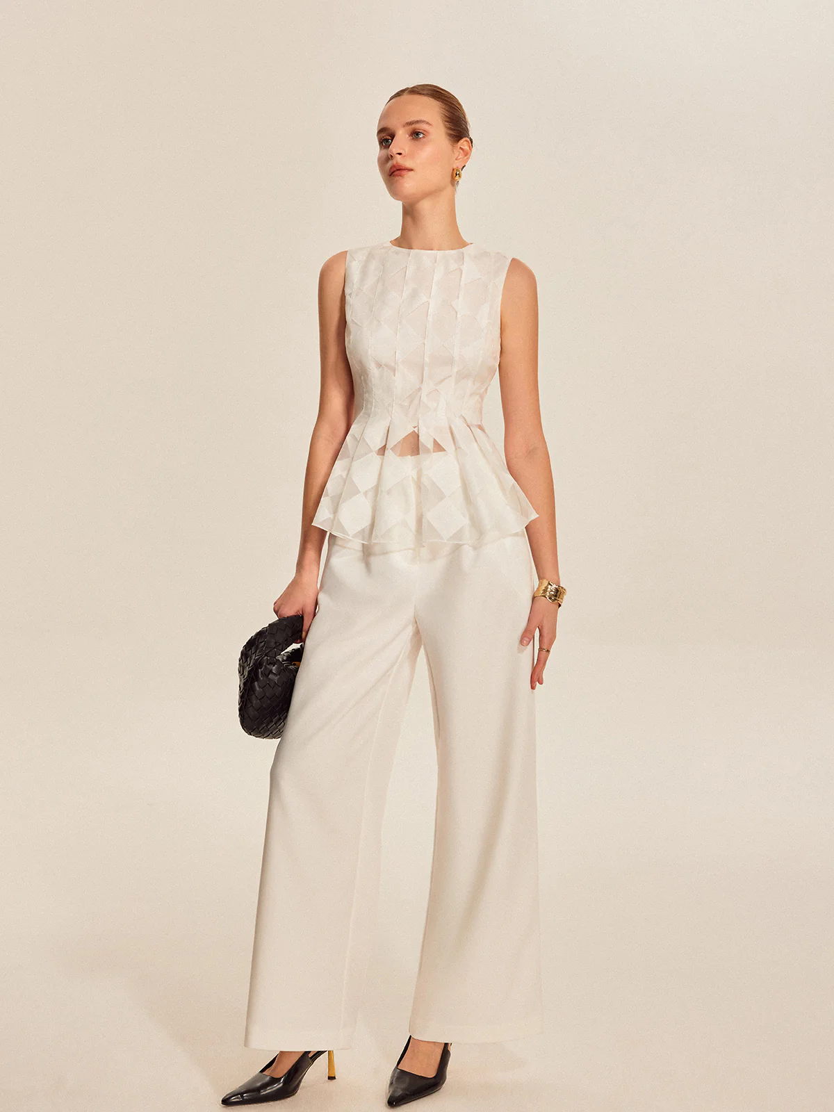 Semi-Sheer Geometric Peplum Top - Image 4