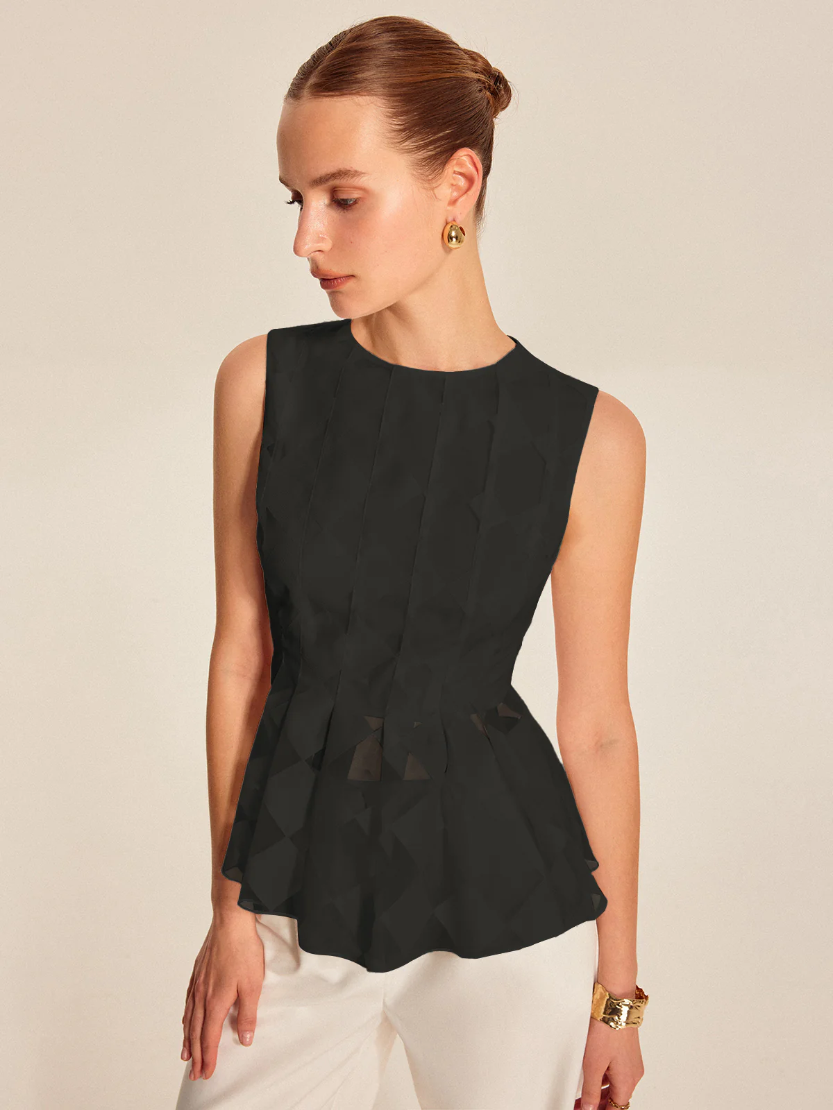 Semi-Sheer Geometric Peplum Top - Image 7