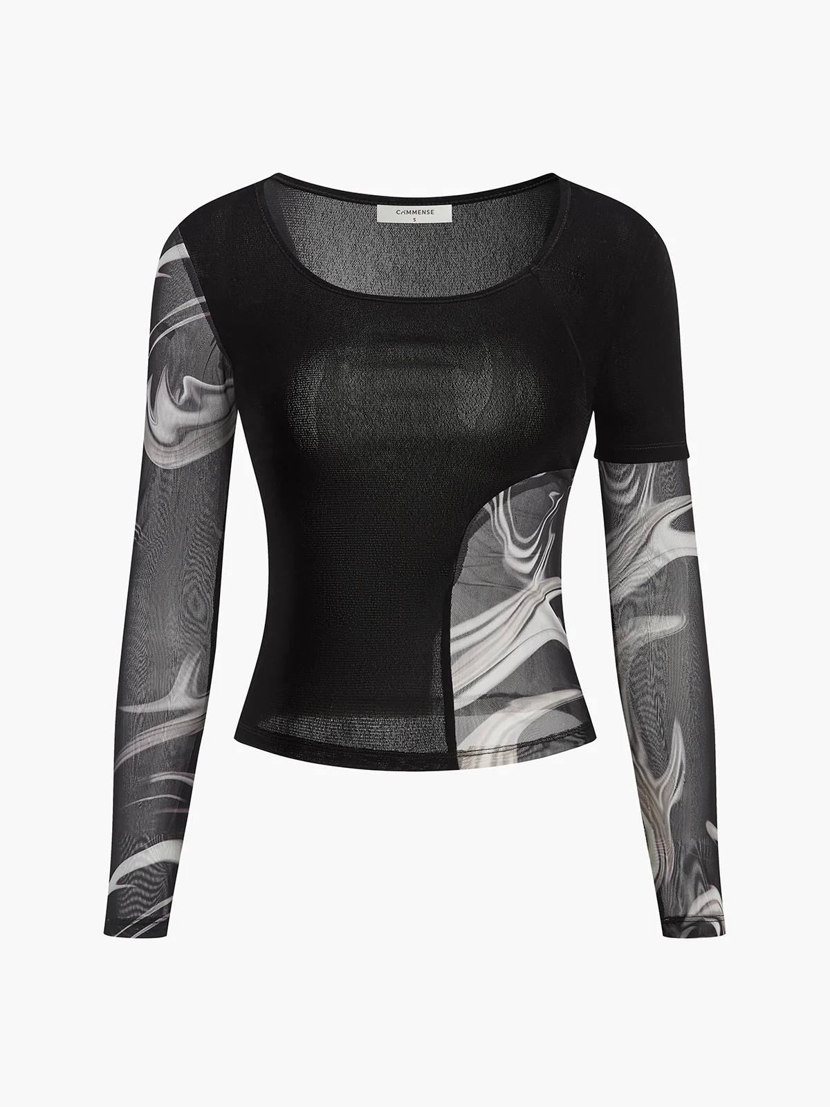 Semi-Sheer Geometric Printed Mesh Jersey Top - Image 2