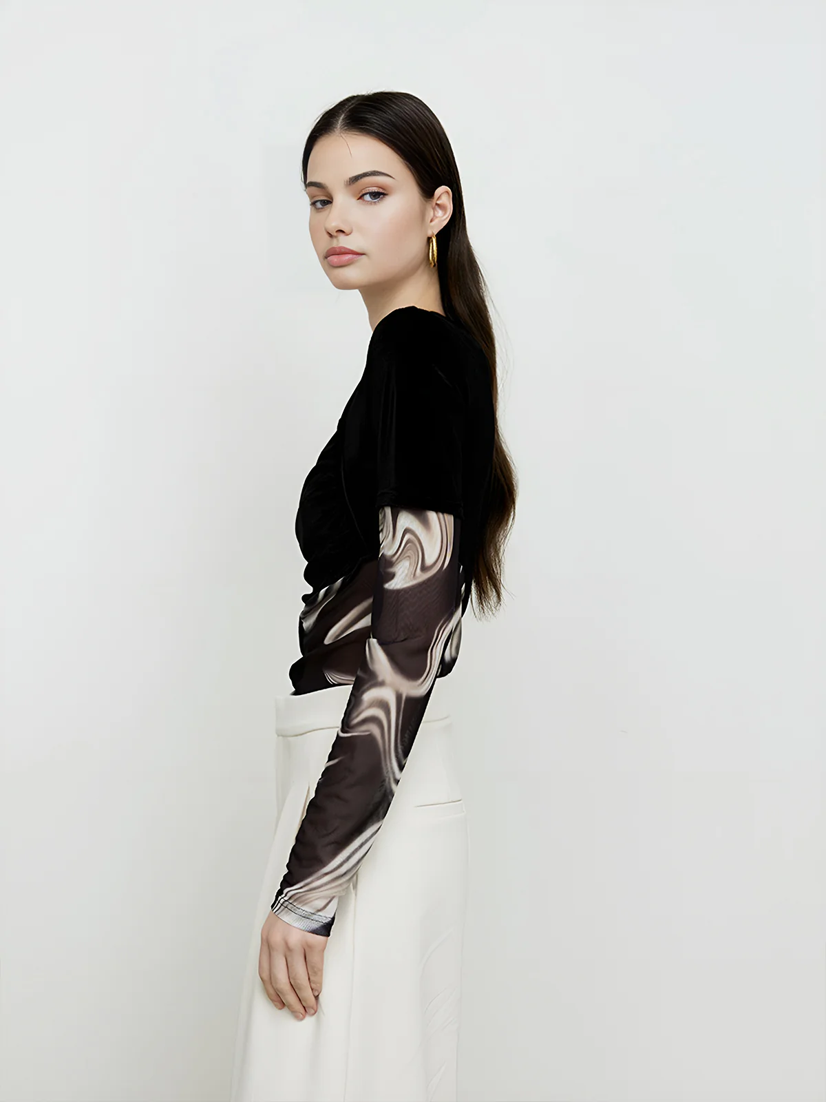 Semi-Sheer Geometric Printed Mesh Jersey Top - Image 6