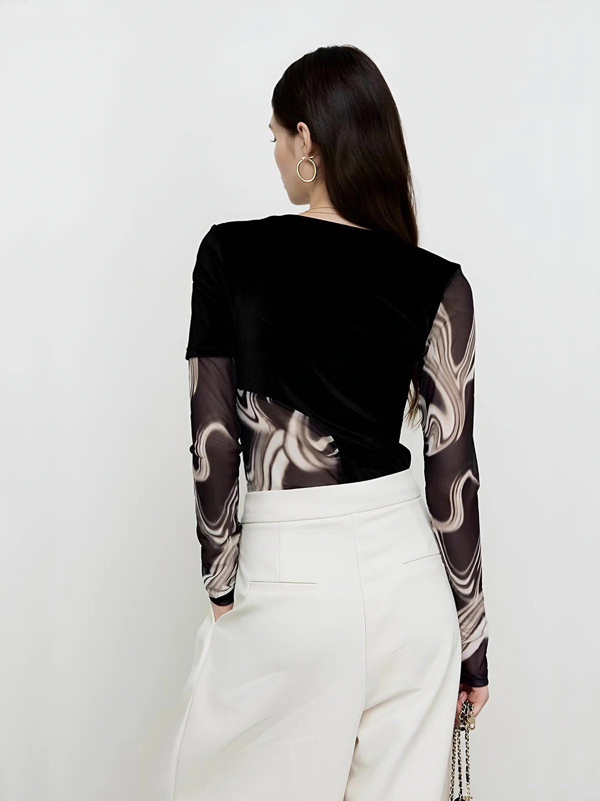 Semi-Sheer Geometric Printed Mesh Jersey Top - Image 8