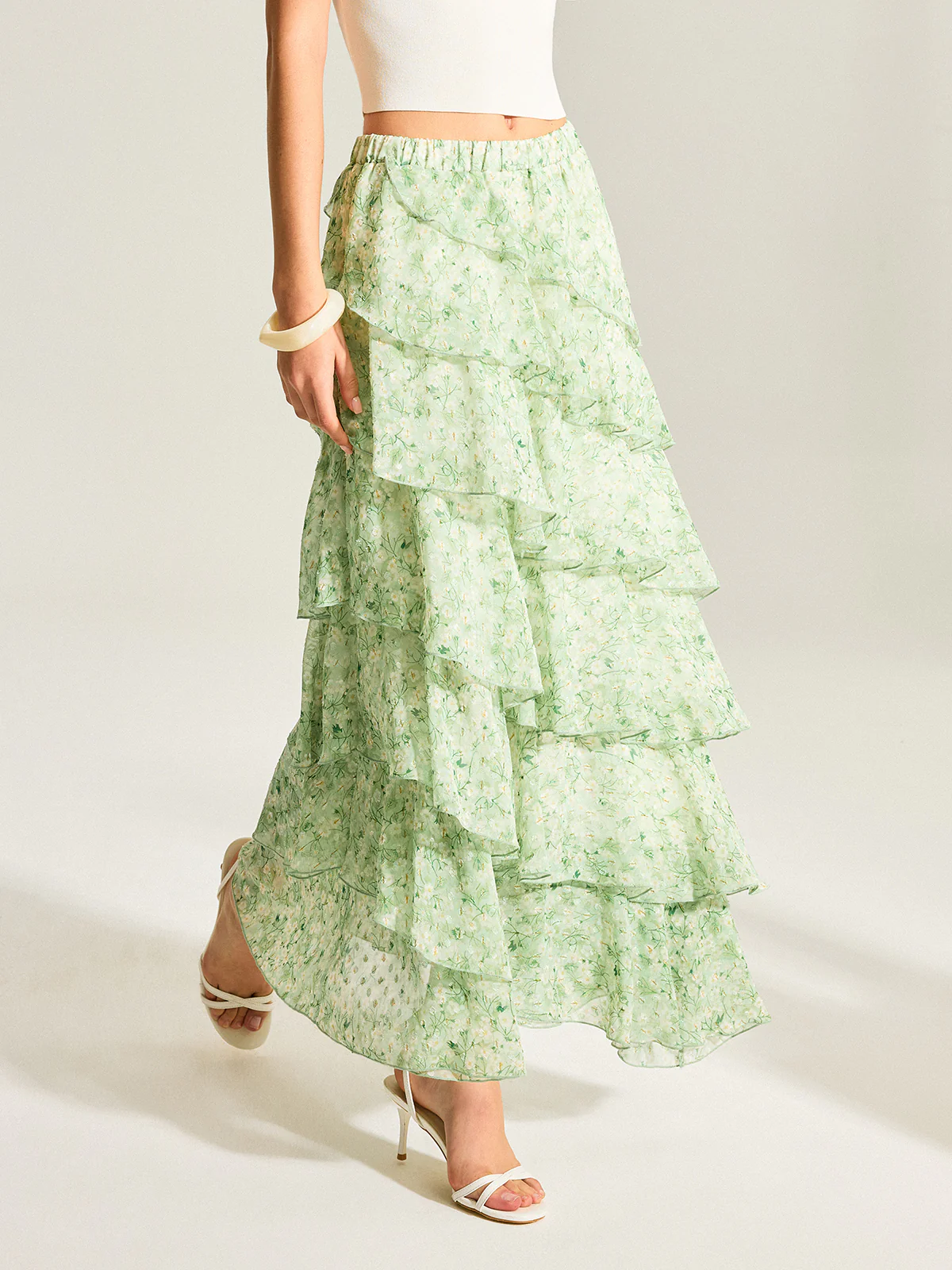 Semi-Sheer Golden Polka Dot Chiffon Tiered Skirt - Image 2