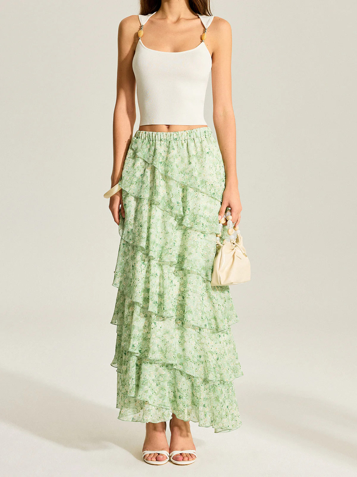 Semi-Sheer Golden Polka Dot Chiffon Tiered Skirt - Image 3