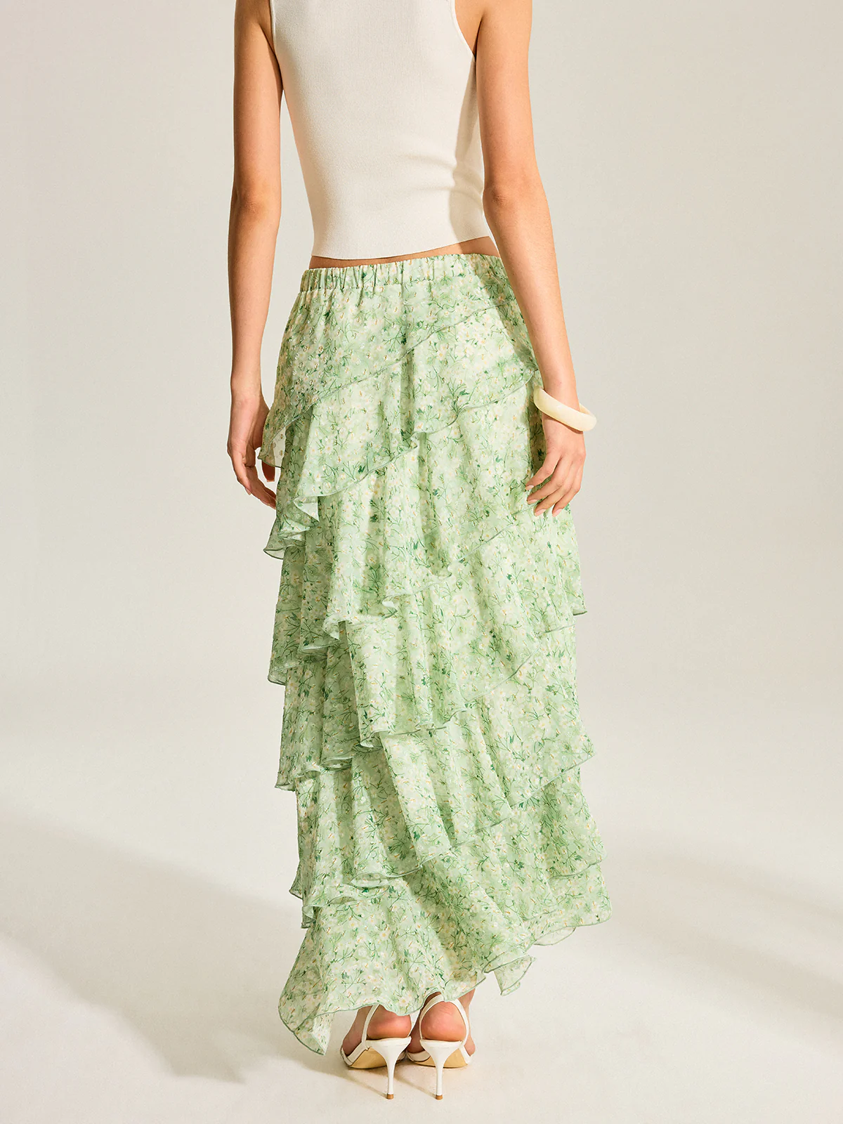 Semi-Sheer Golden Polka Dot Chiffon Tiered Skirt - Image 6