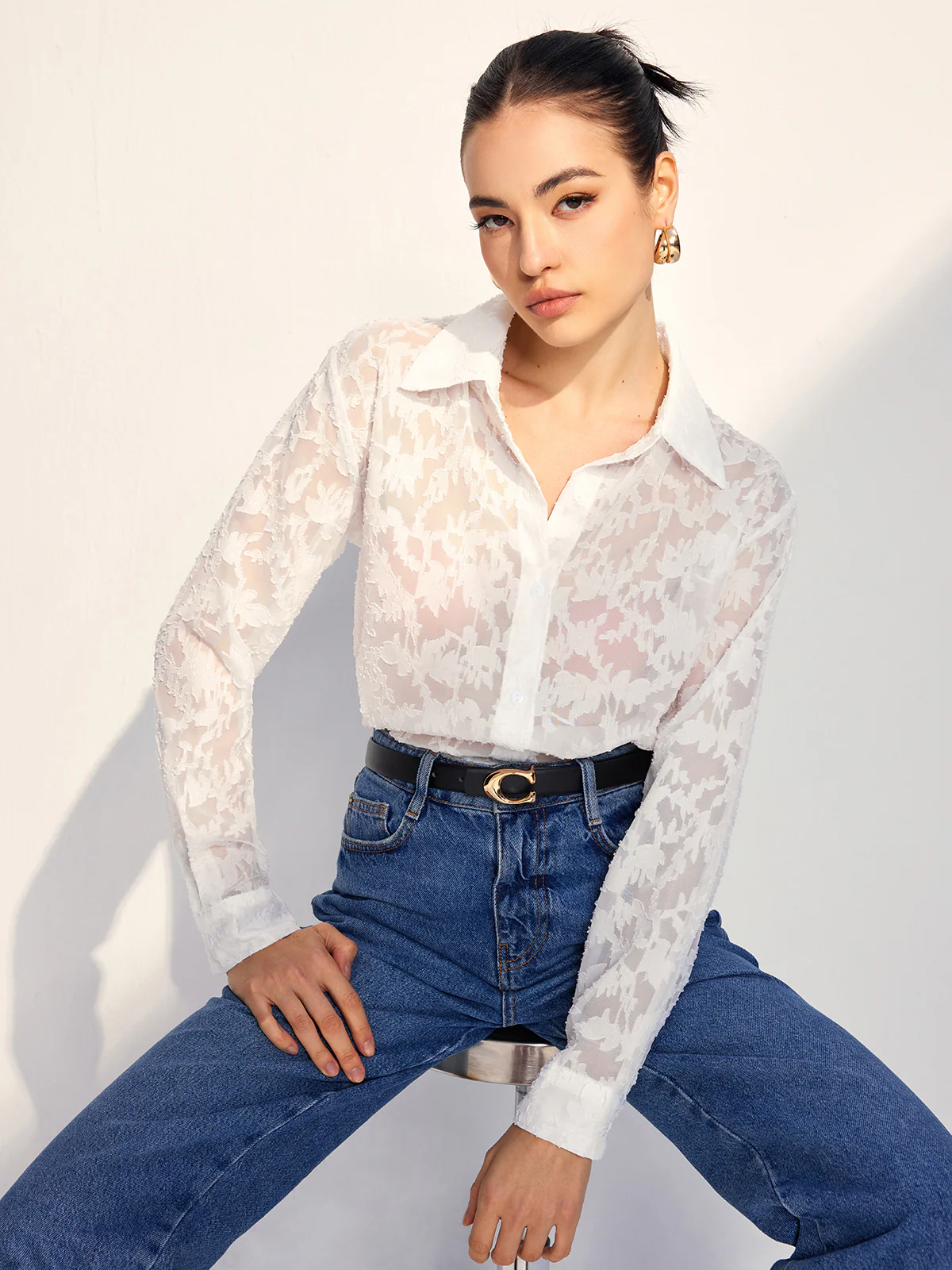 Semi-Sheer Jacquard Button Shirt - Image 2